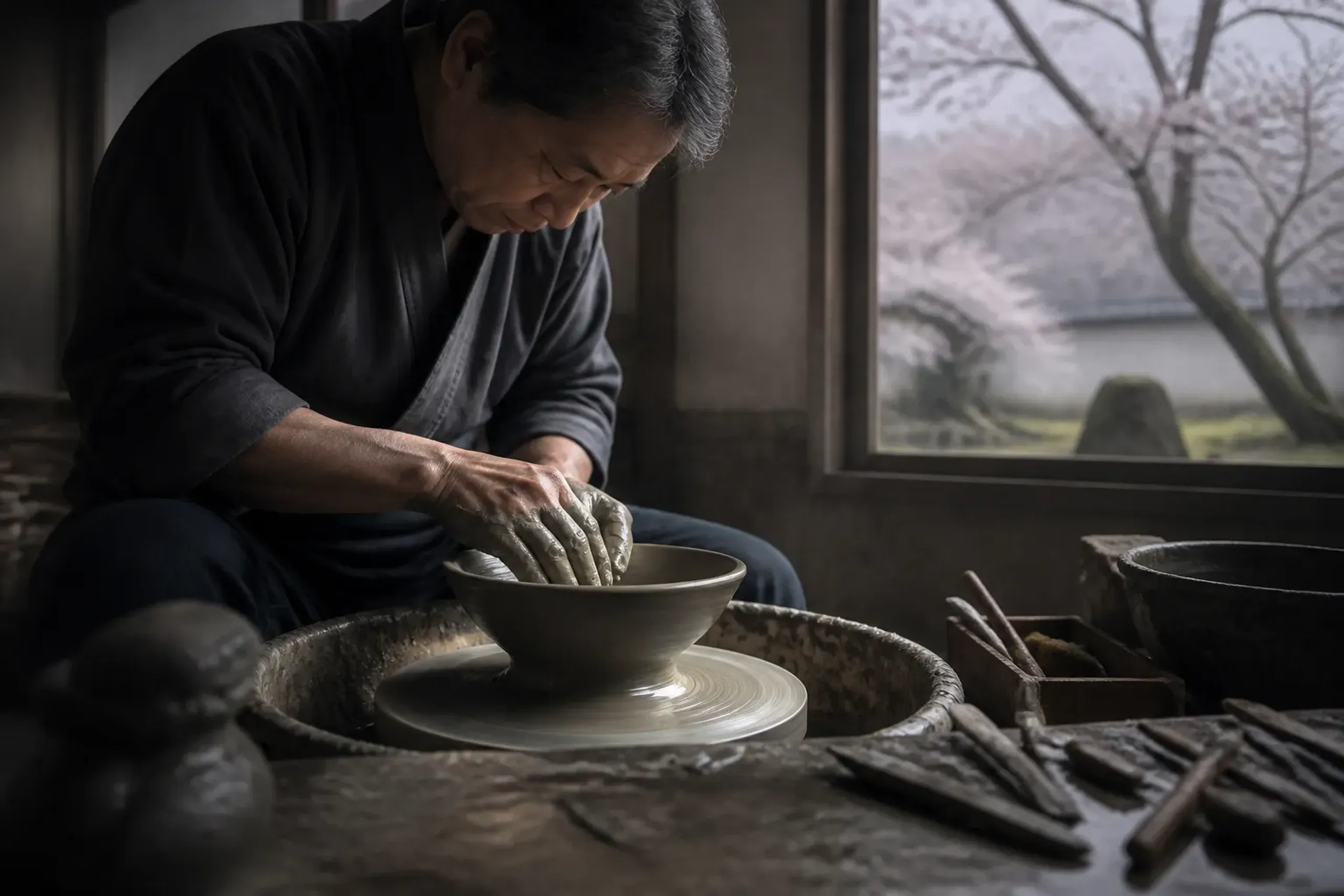 Japanese potter working at a wheel in a real studio with natural light and scattered tools