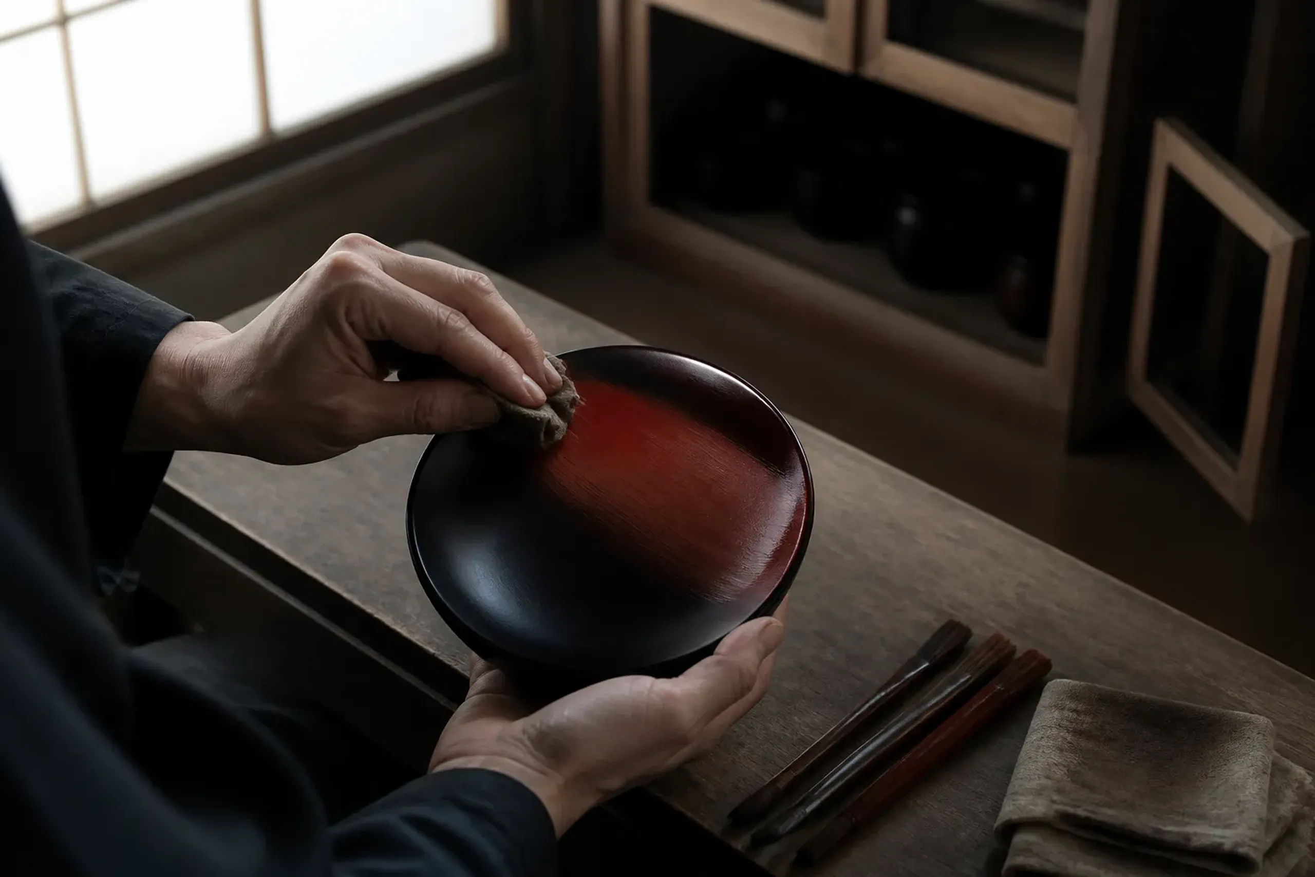 Japanese urushi lacquer bowl being polished on a workbench with lacquer tools