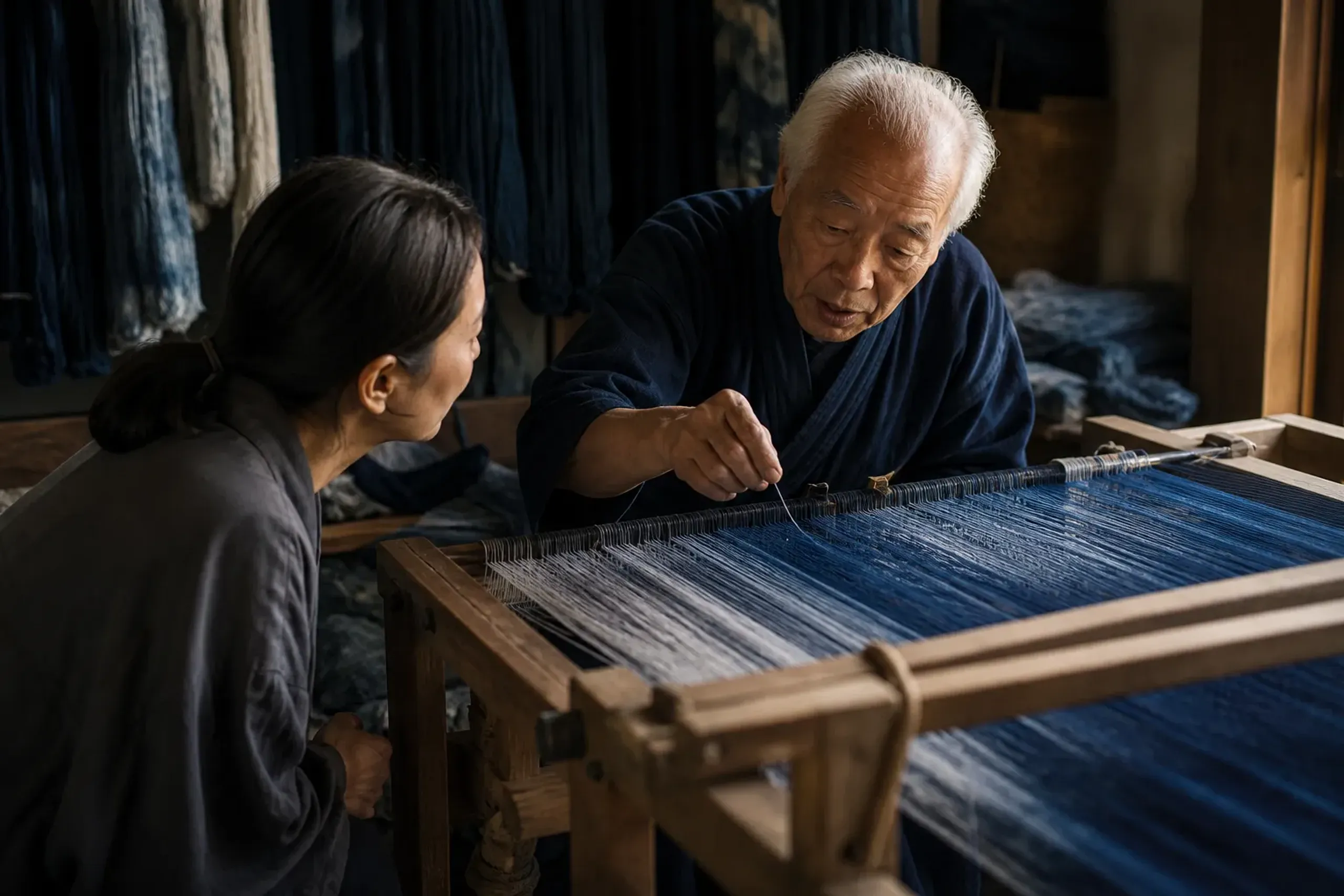 A visitor talking quietly with a textile artisan beside a loom in a workshop
