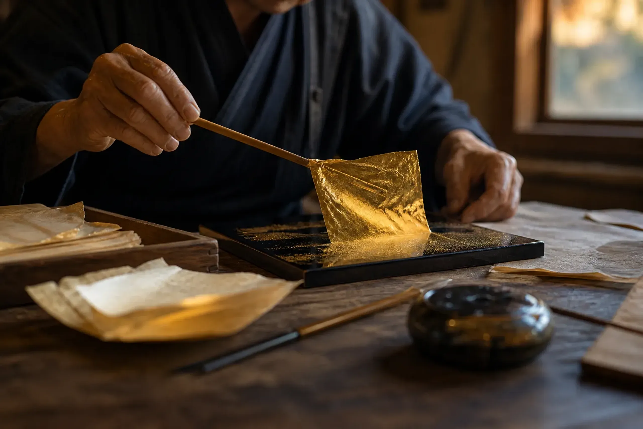 Artisan applying delicate gold leaf sheets by hand in a Kanazawa workshop