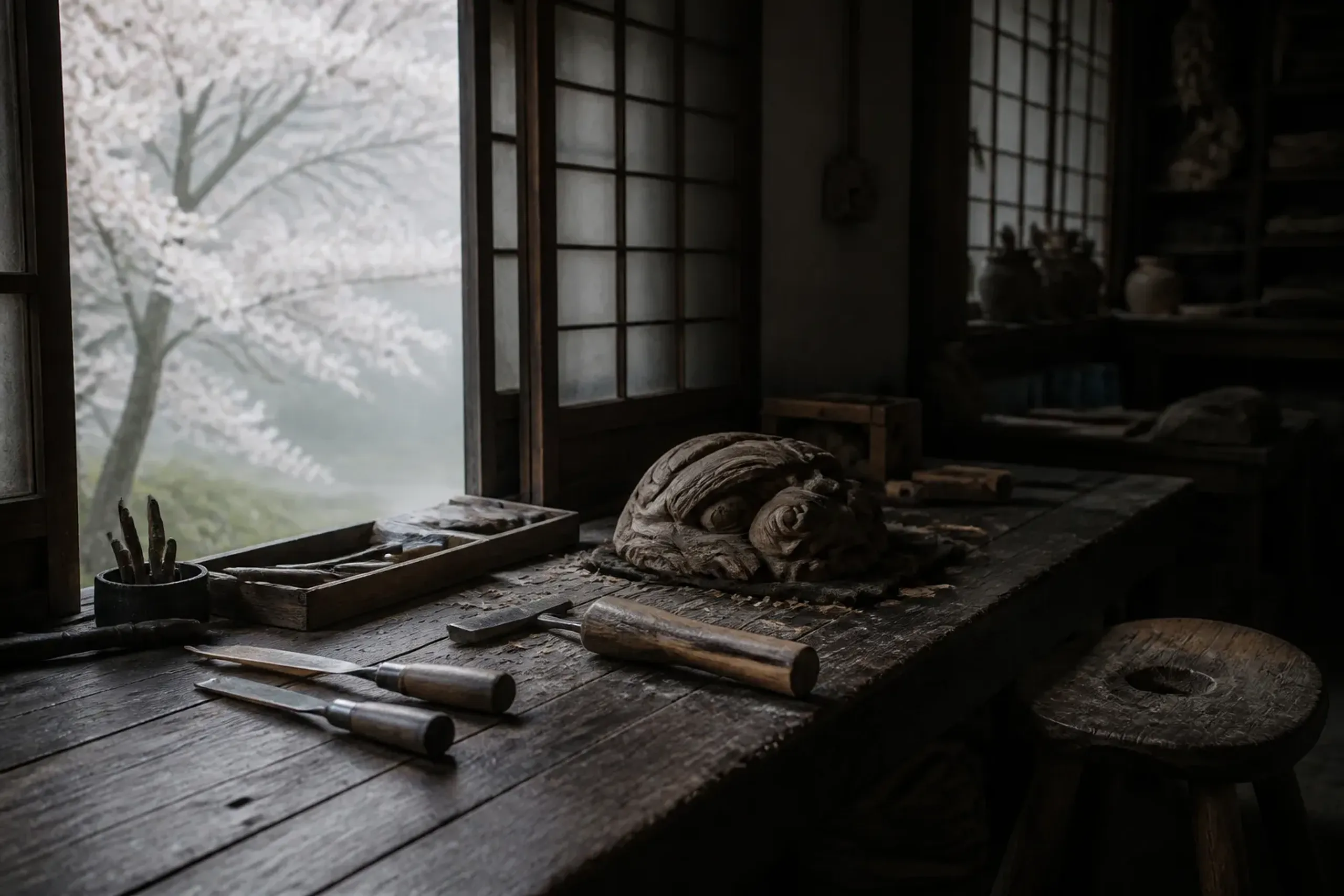 A weathered wooden workbench inside a multi-generation family workshop, with worn hand tools and a partially completed handmade object mid-production, no maker present