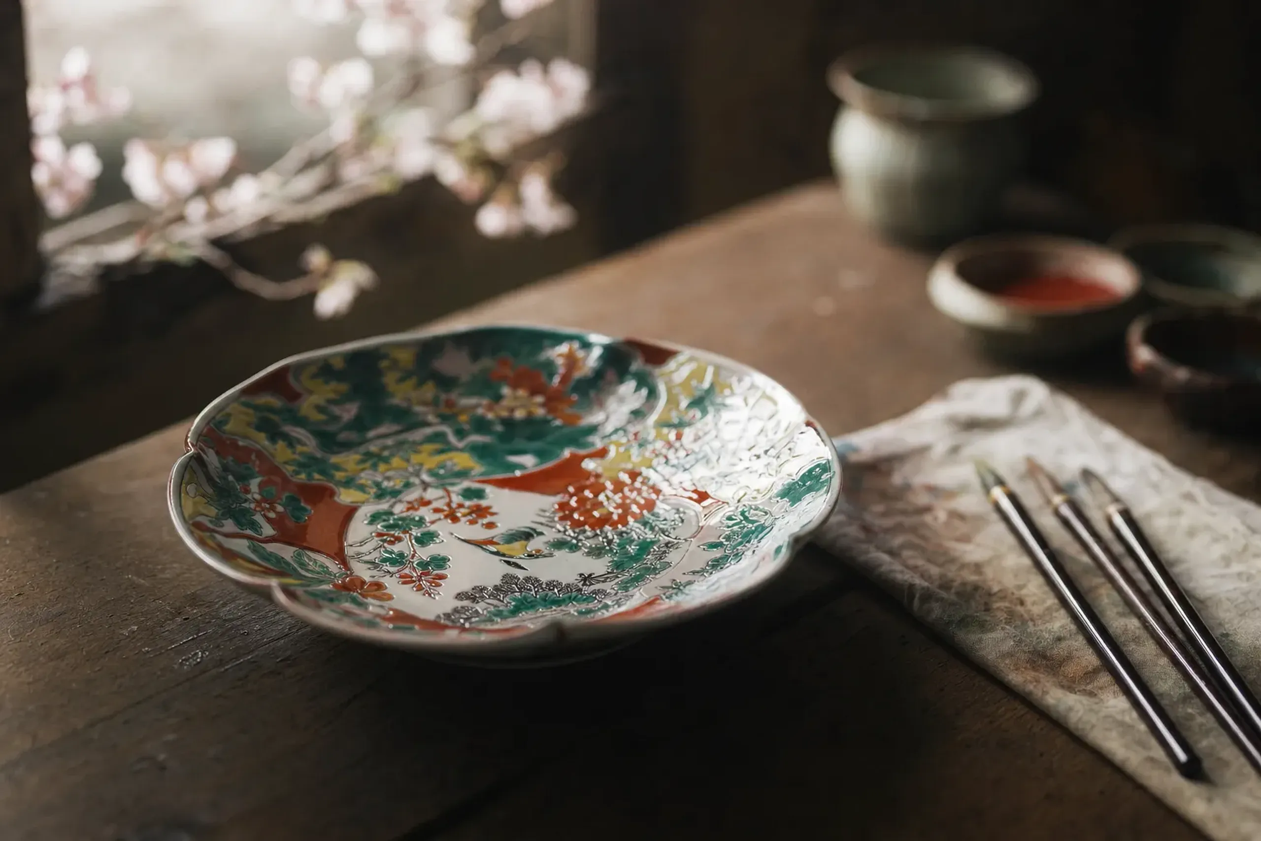 a hand-painted Kutani porcelain plate with bold overglaze enamels in deep green, yellow, and red, drying beside fine brushes in an Ishikawa studio