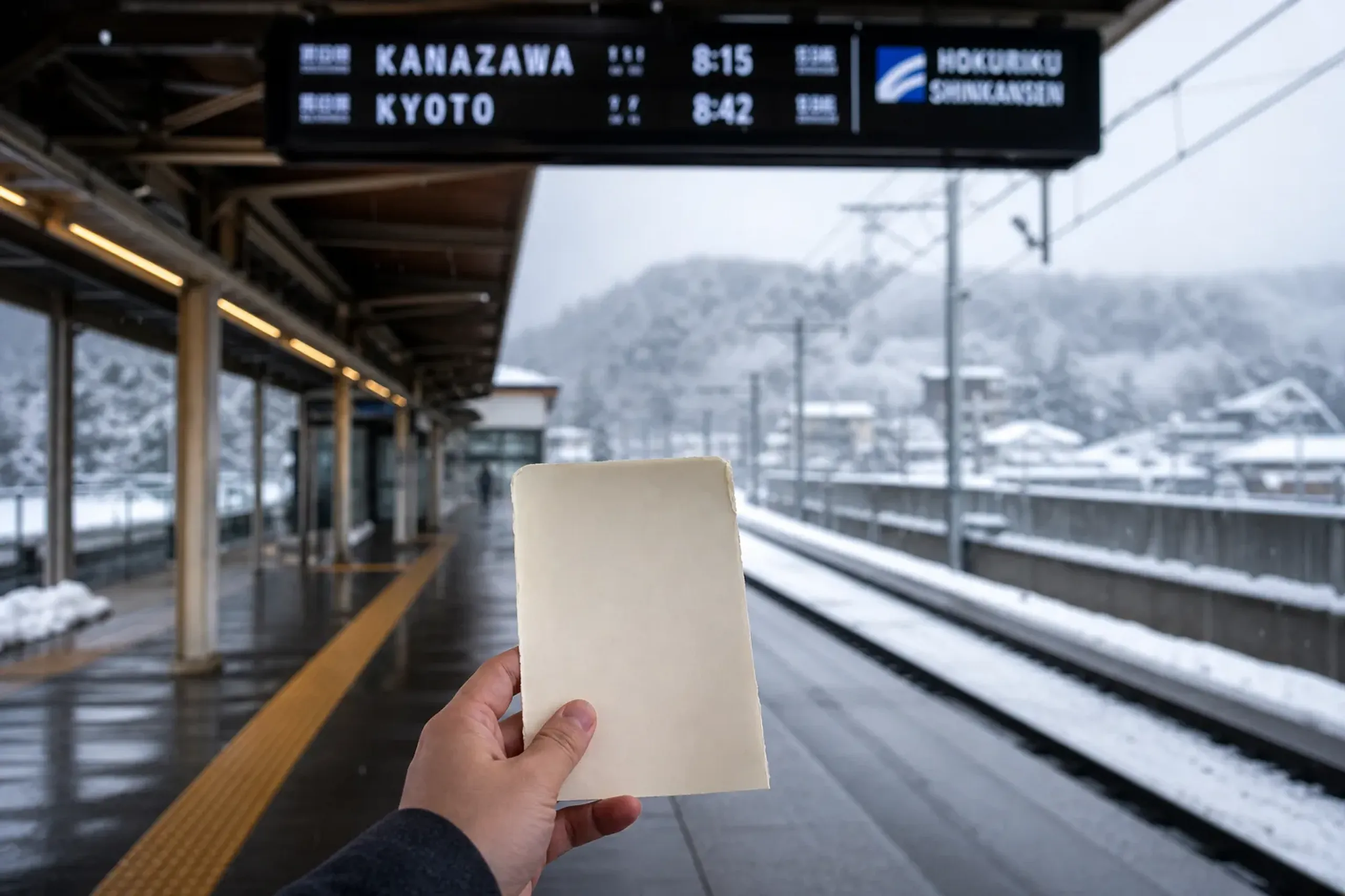 Train station signage and departure board referencing Kanazawa and Kyoto for a Japan craft itinerary