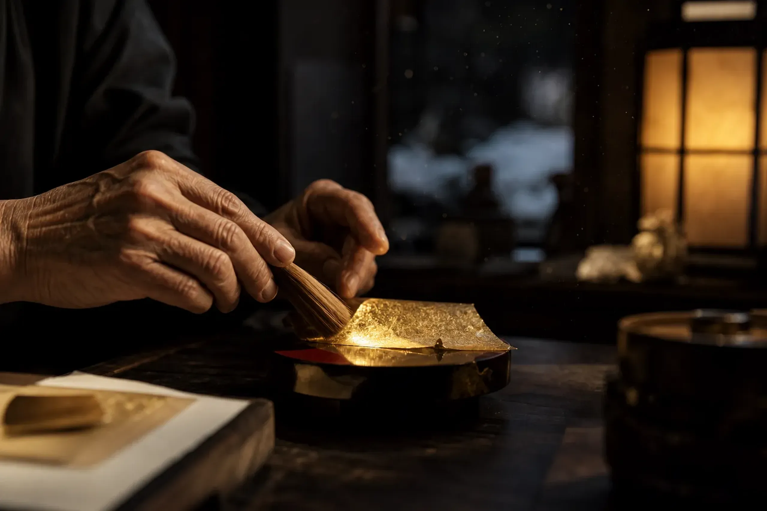 Hands applying gold leaf with a brush in a Kanazawa workshop setting