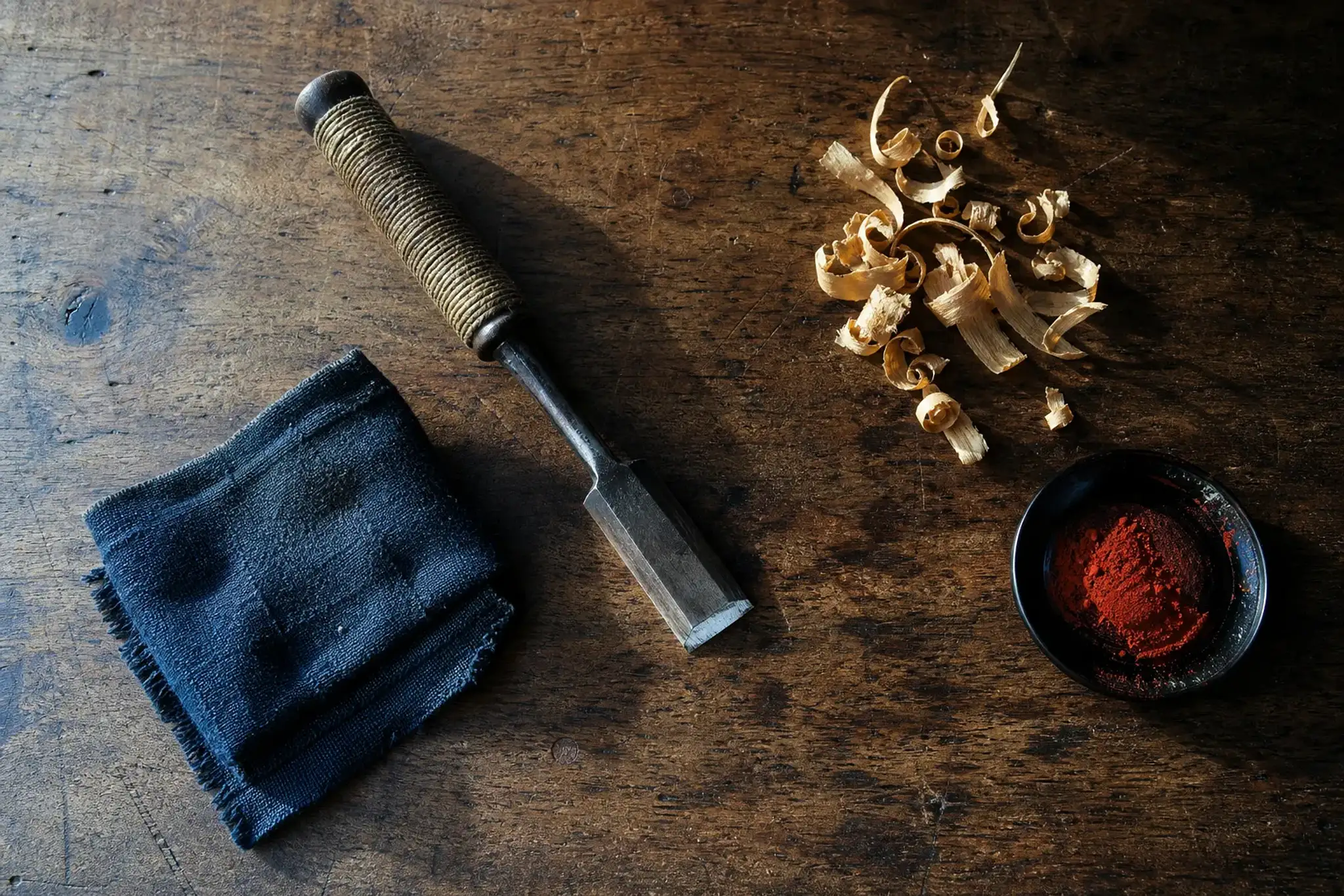 Close-up of Japanese artisan tools and materials on a wooden workbench in soft natural light