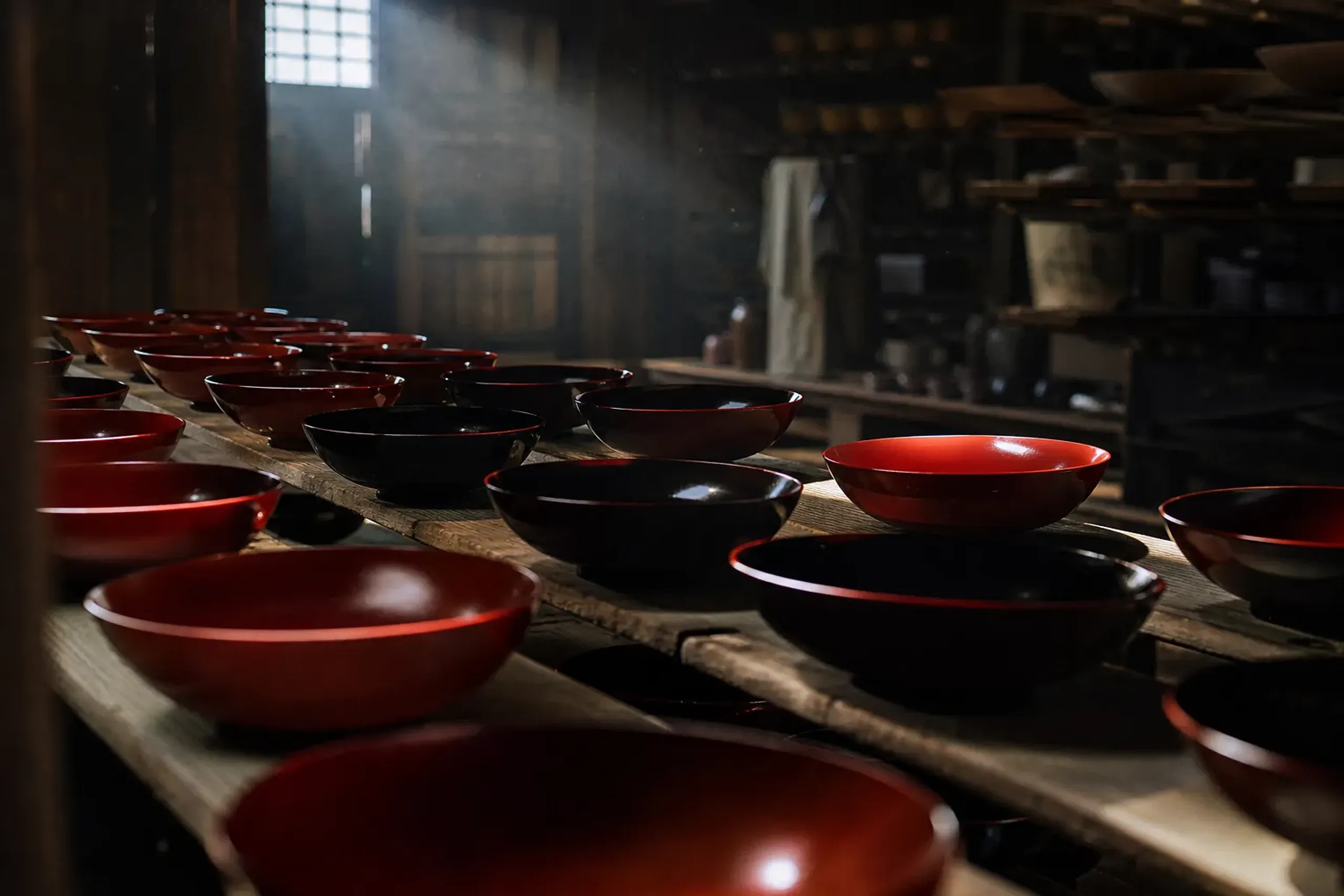 Lacquerware bowls drying on wooden racks in a Japanese urushi atelier