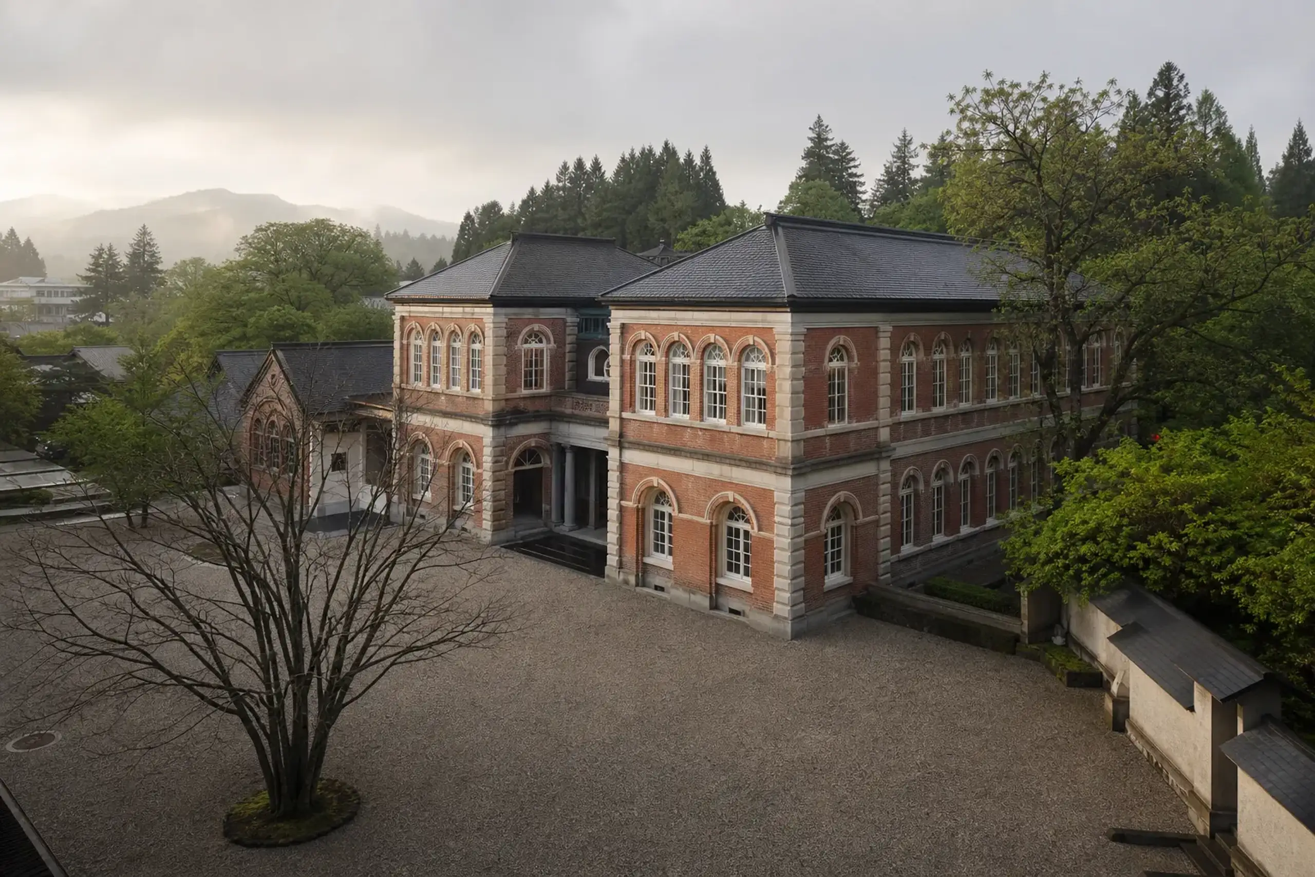 The facade of the National Crafts Museum in Kanazawa, its restored early-20th-century brick-and-stone army building relocated to the city in 2020