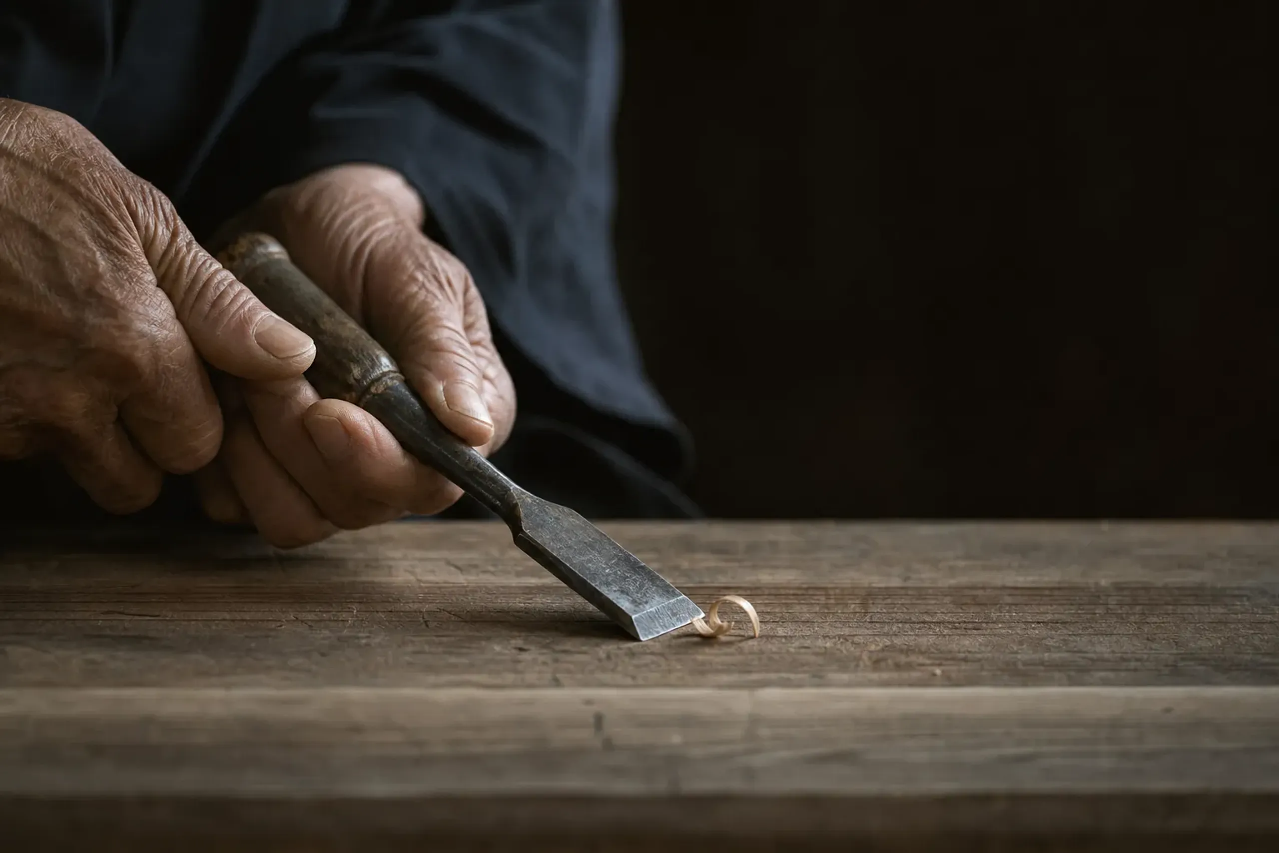 Close-up of Japanese artisan hands holding a traditional hand tool on a wooden workbench