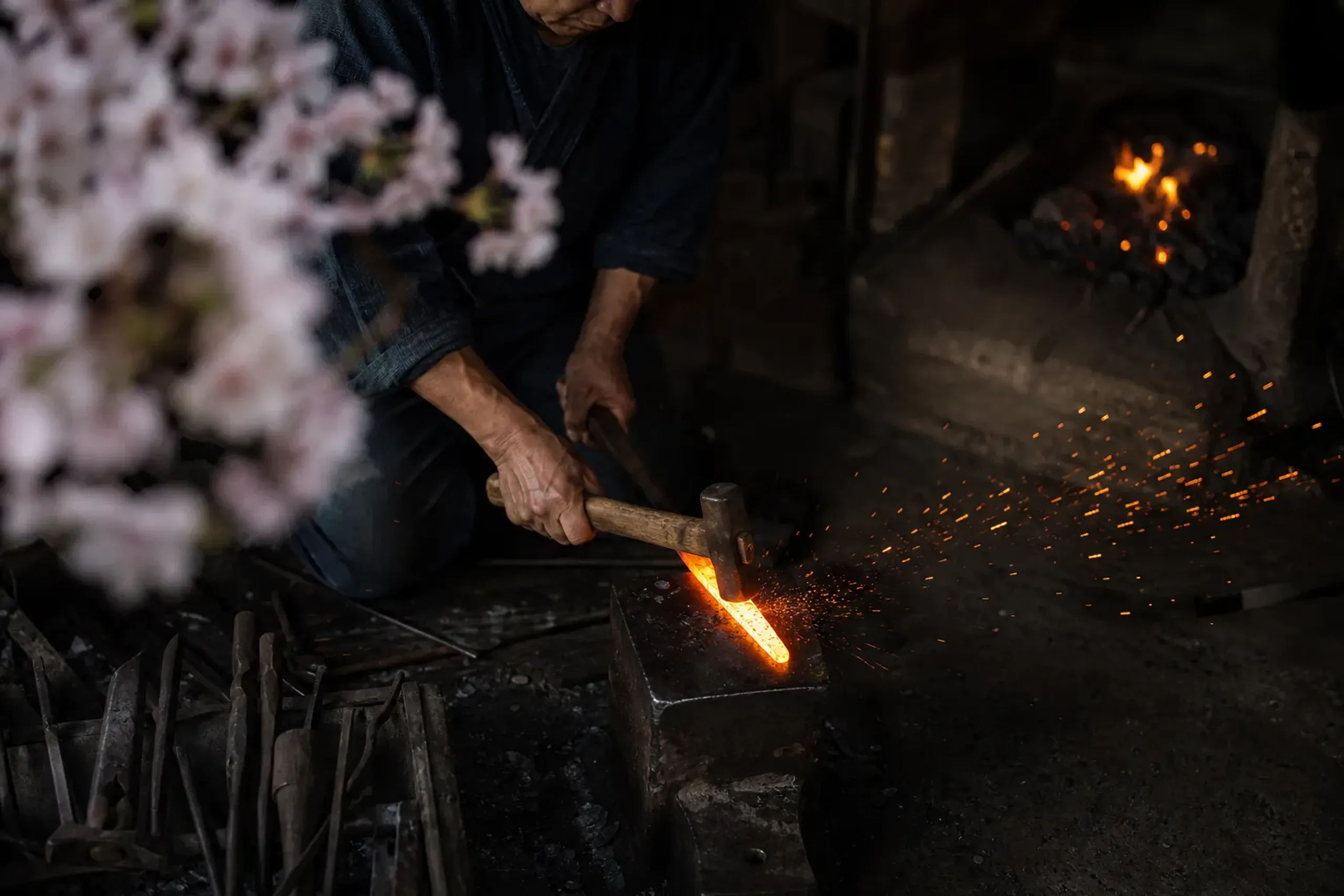 Blacksmith hammering heated steel on an anvil with sparks in a Japanese workshop