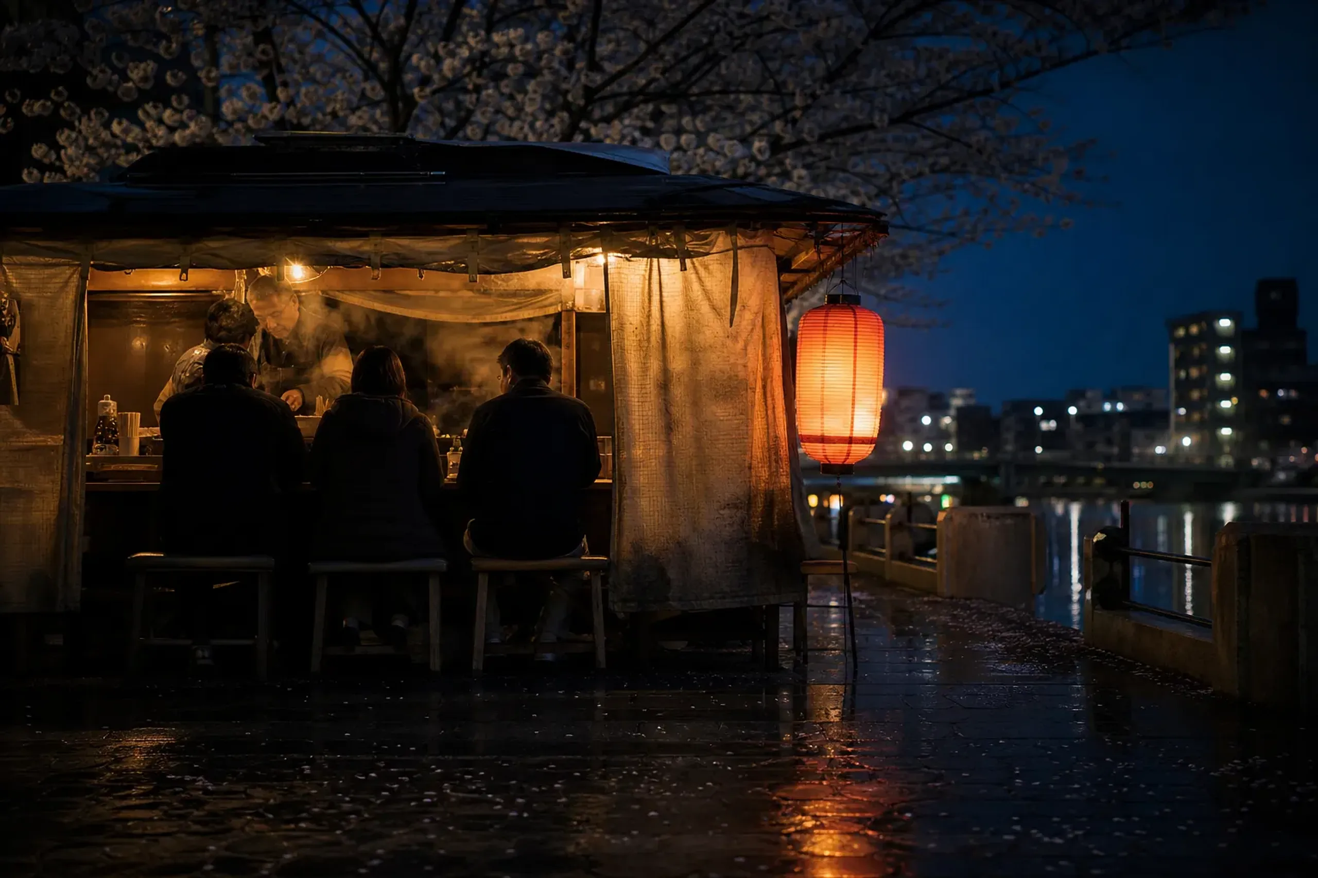 Yatai food stalls in Nakasu, Fukuoka at dusk with a cook and seated guests
