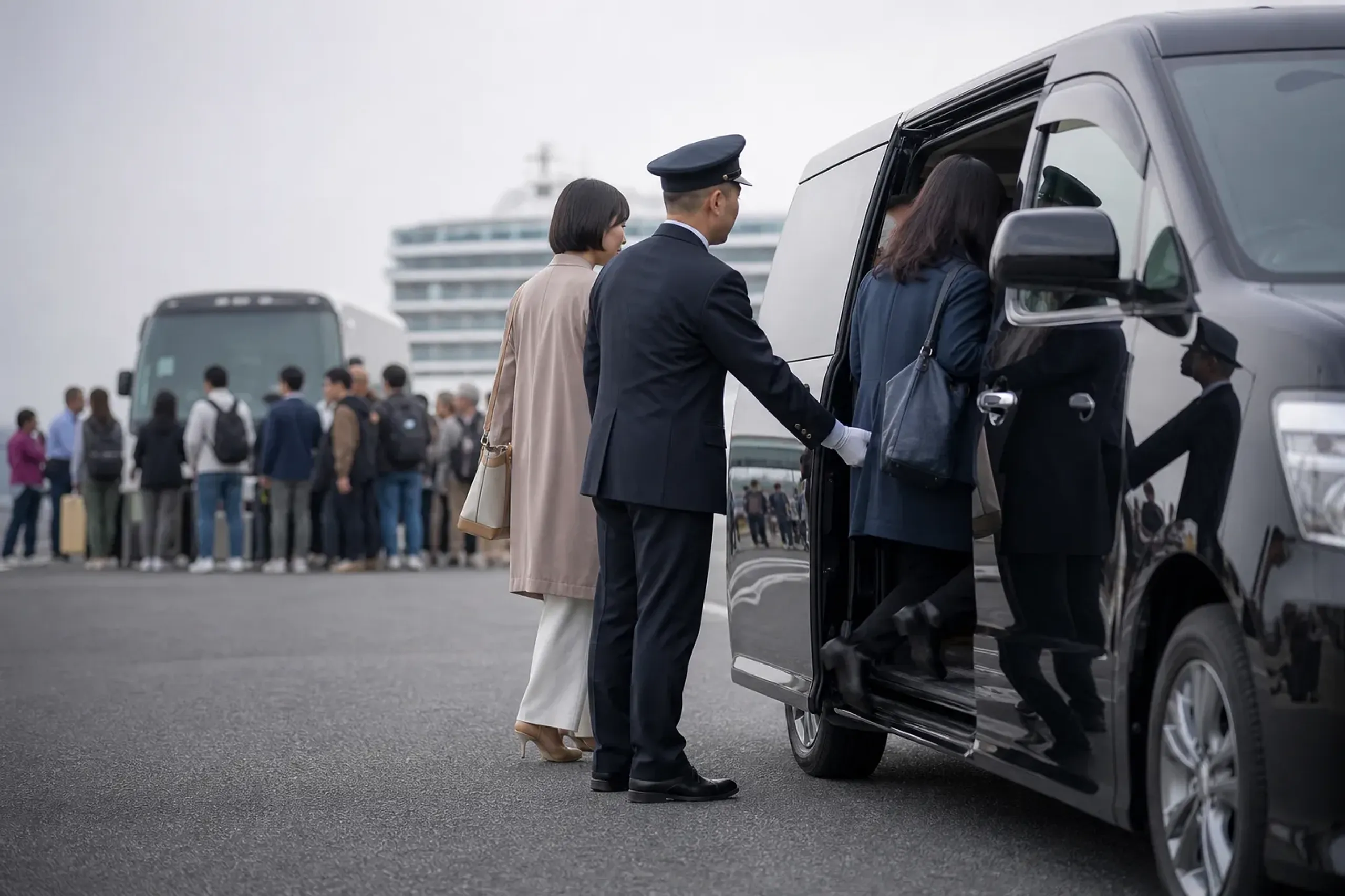 Small private group boarding an executive van near a port while a larger group gathers by a tour bus