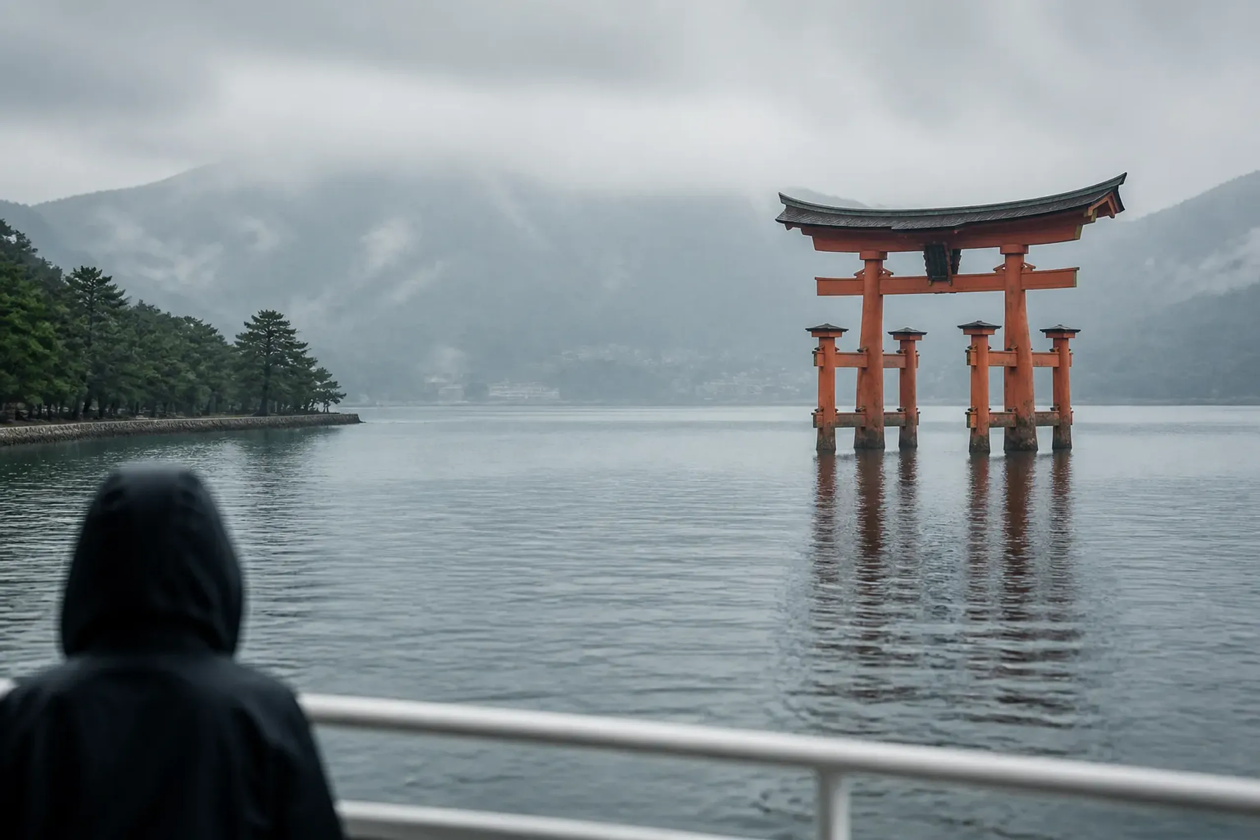 the great vermilion torii gate of Itsukushima Shrine standing in the tidal shallows off Miyajima Island near Hiroshima, viewed from an approaching ferry deck