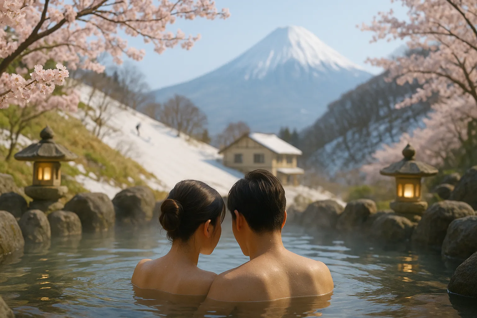 Couple soaking in an outdoor hot spring surrounded by rocks and lanterns, with a snow-covered lodge and skiers on a hillside and a snowy mountain in the distance.