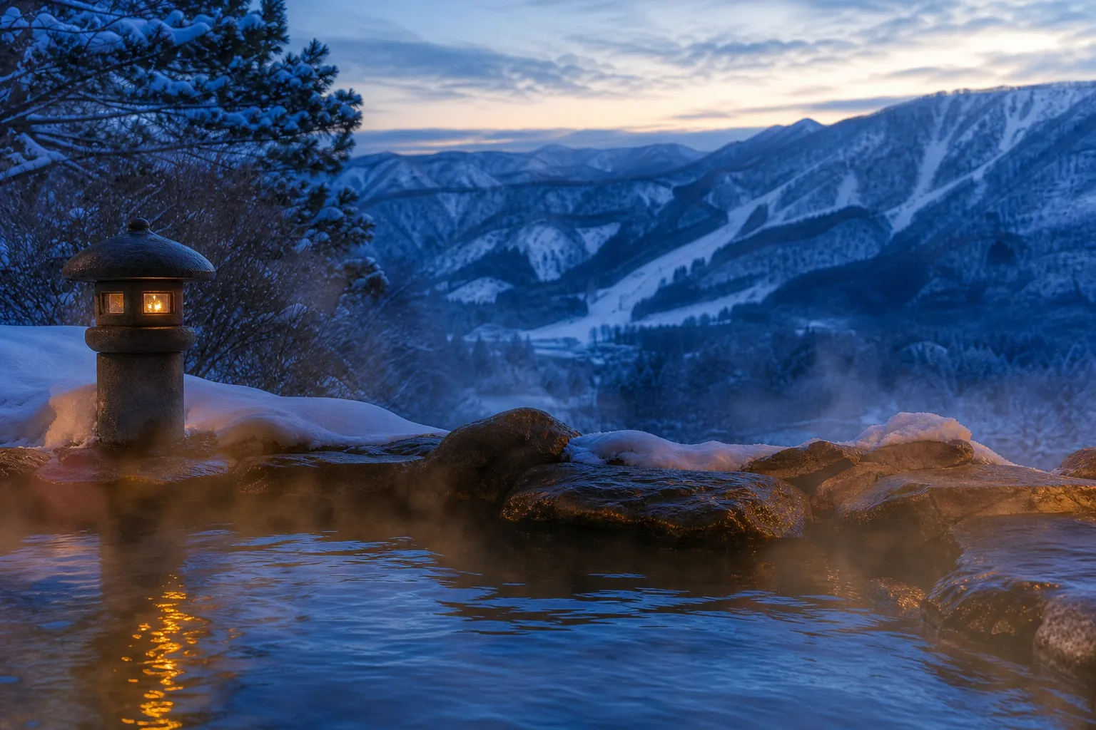 A tranquil image of a steamy open-air Japanese hot spring (onsen) at a luxury ryokan at twilight, looking out over snow-covered mountains and ski slopes.