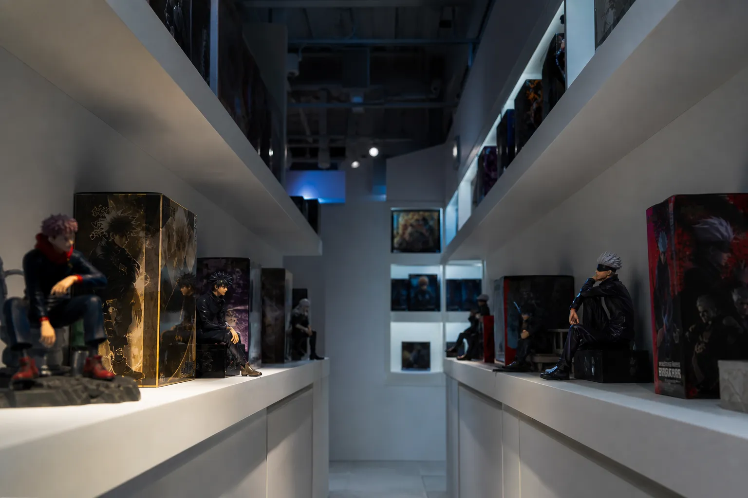 Clean modern Harajuku pop-up shop interior displaying limited-edition anime merchandise on white shelves