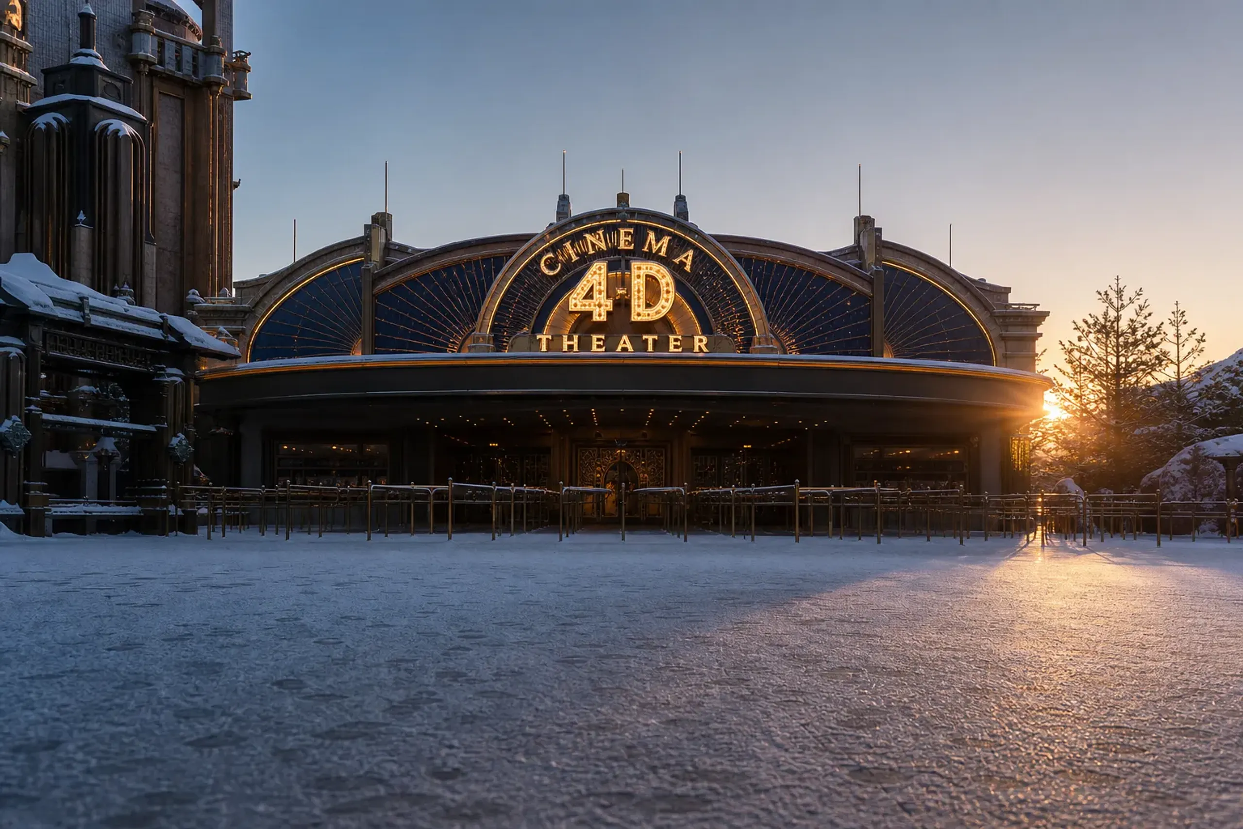 The exterior facade of Universal Studios Japan's Cinema 4-D Theater in Osaka, its marquee signage and covered entrance canopy set against an empty plaza in the low-crowd early-morning window