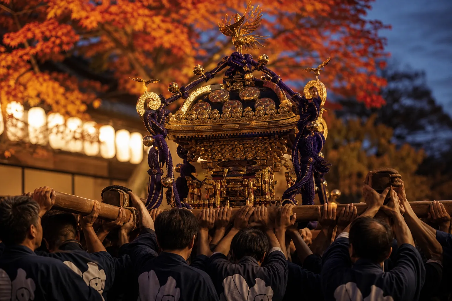 Bearers carrying a golden mikoshi portable shrine through a festival street in Japan