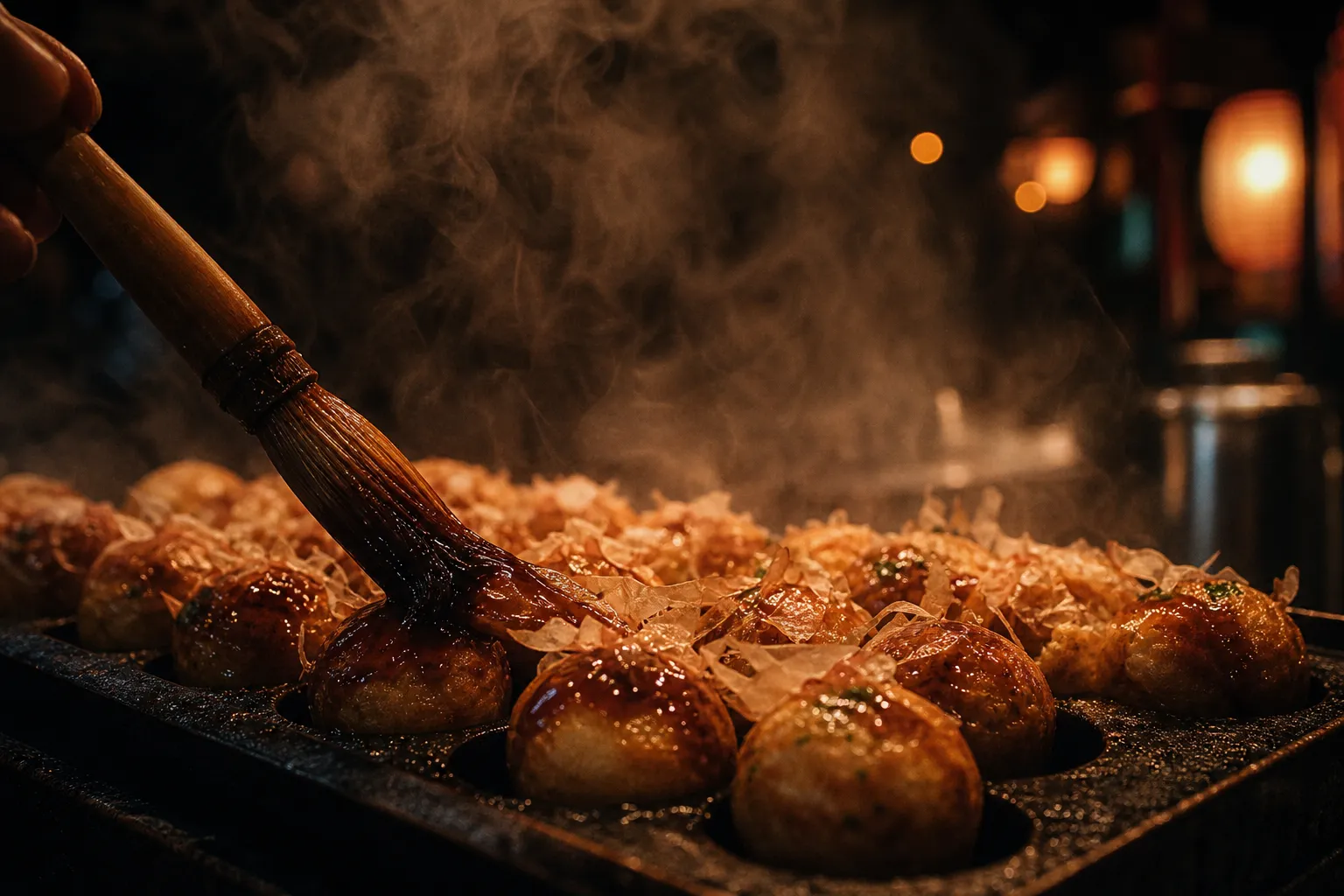 Takoyaki cooking on a griddle at a Japanese matsuri food stall