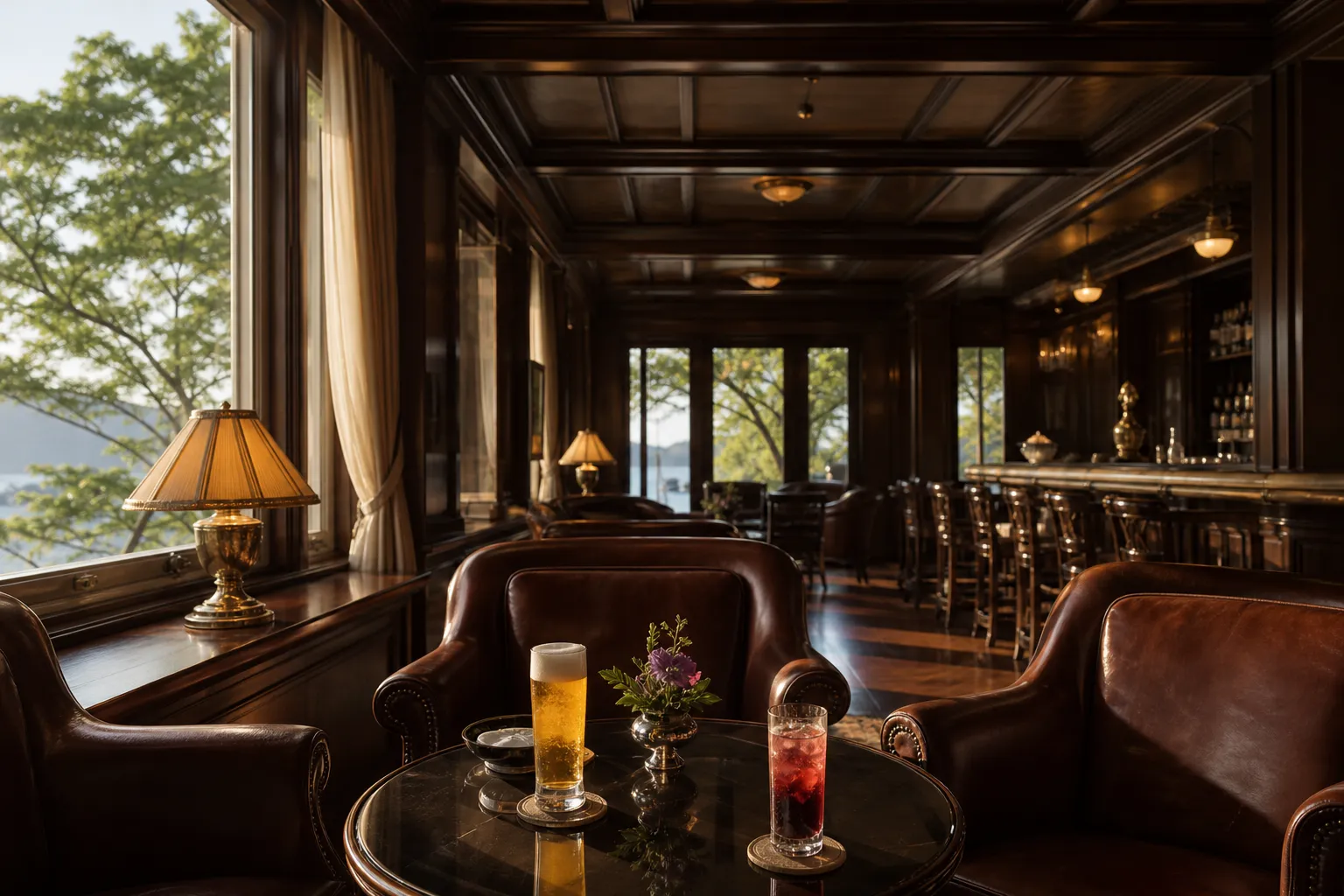 Warmly lit vintage club lounge interior with leather chairs and a polished bar aboard an ocean liner setting