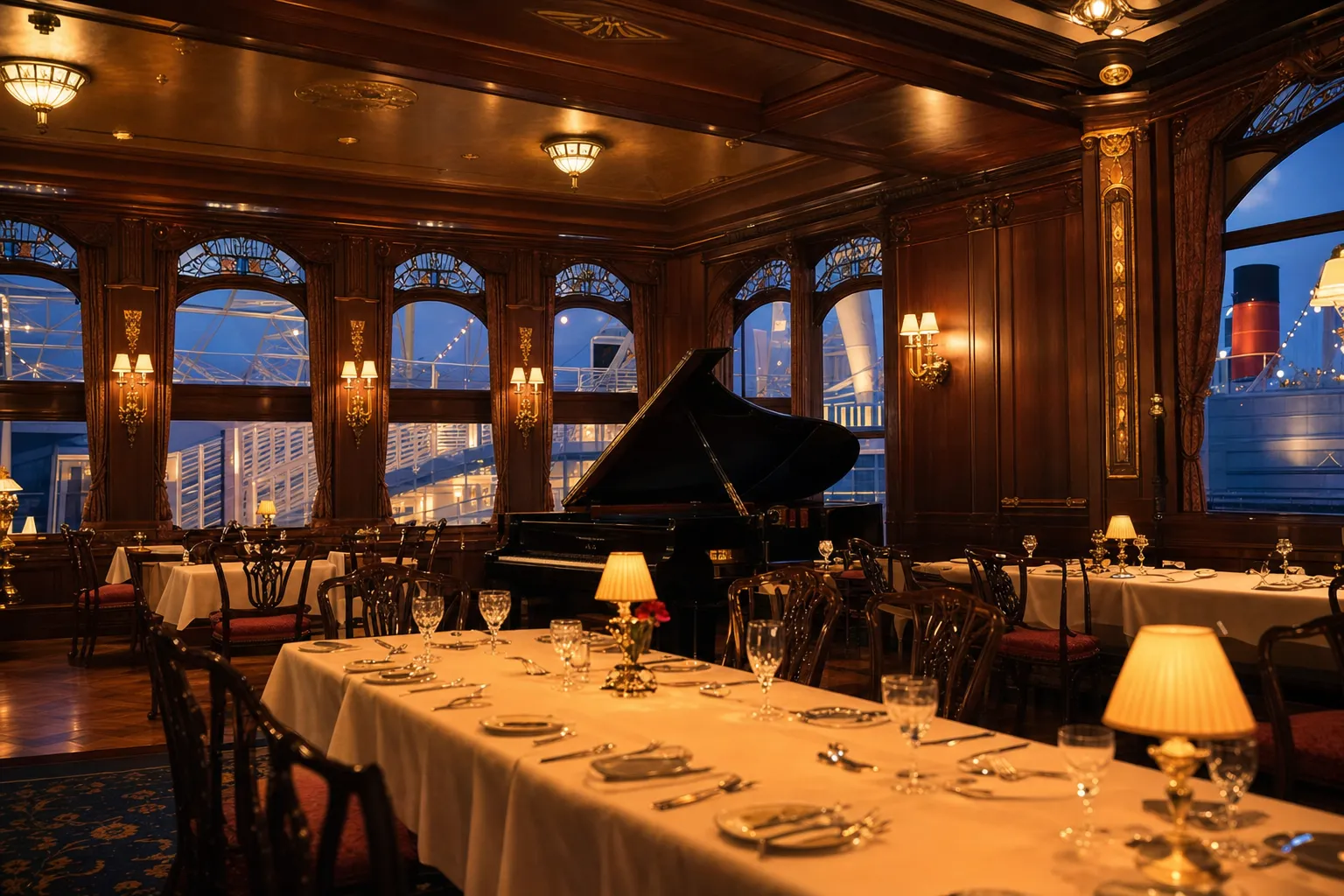 Elegant ocean-liner dining room with a grand piano and fine-dining table settings