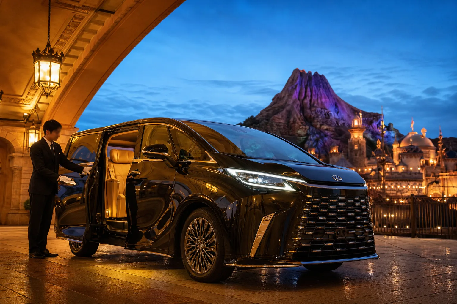 Black Lexus LM 500 luxury minivan with chauffeur at a Tokyo Bay hotel entrance at dusk