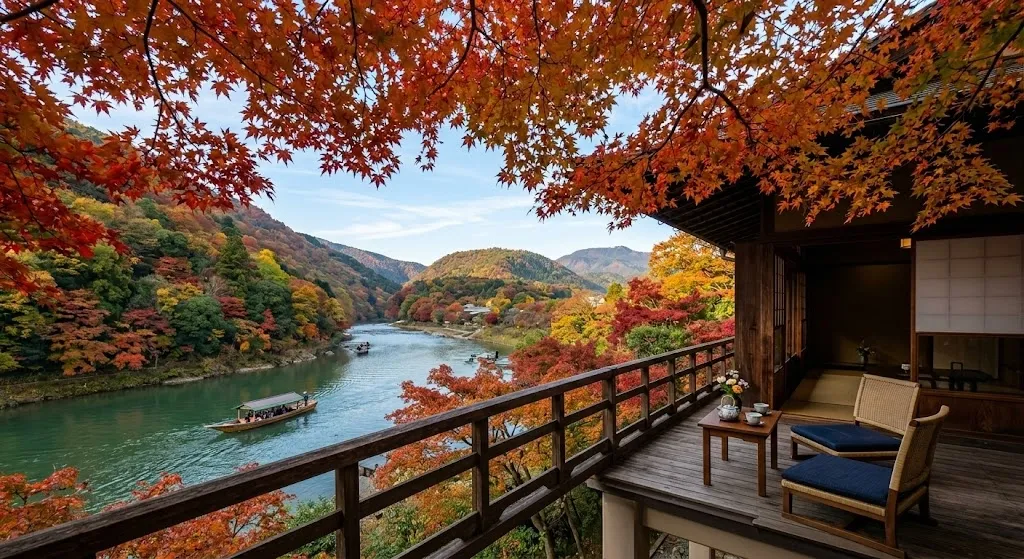 A luxurious hotel balcony overlooking a tranquil river, framed by autumn maple branches bursting with vibrant red and gold leaves under a clear, bright seasonal sky.