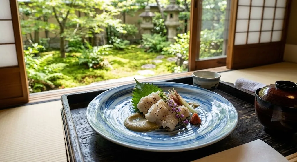 A close-up photograph of a meticulously arranged Summer Hamo kaiseki course with Kamo eggplant purée on an artistic ceramic plate, presented within a sunlit private dining room at Kyo-Suiran, overlooking a green garden.