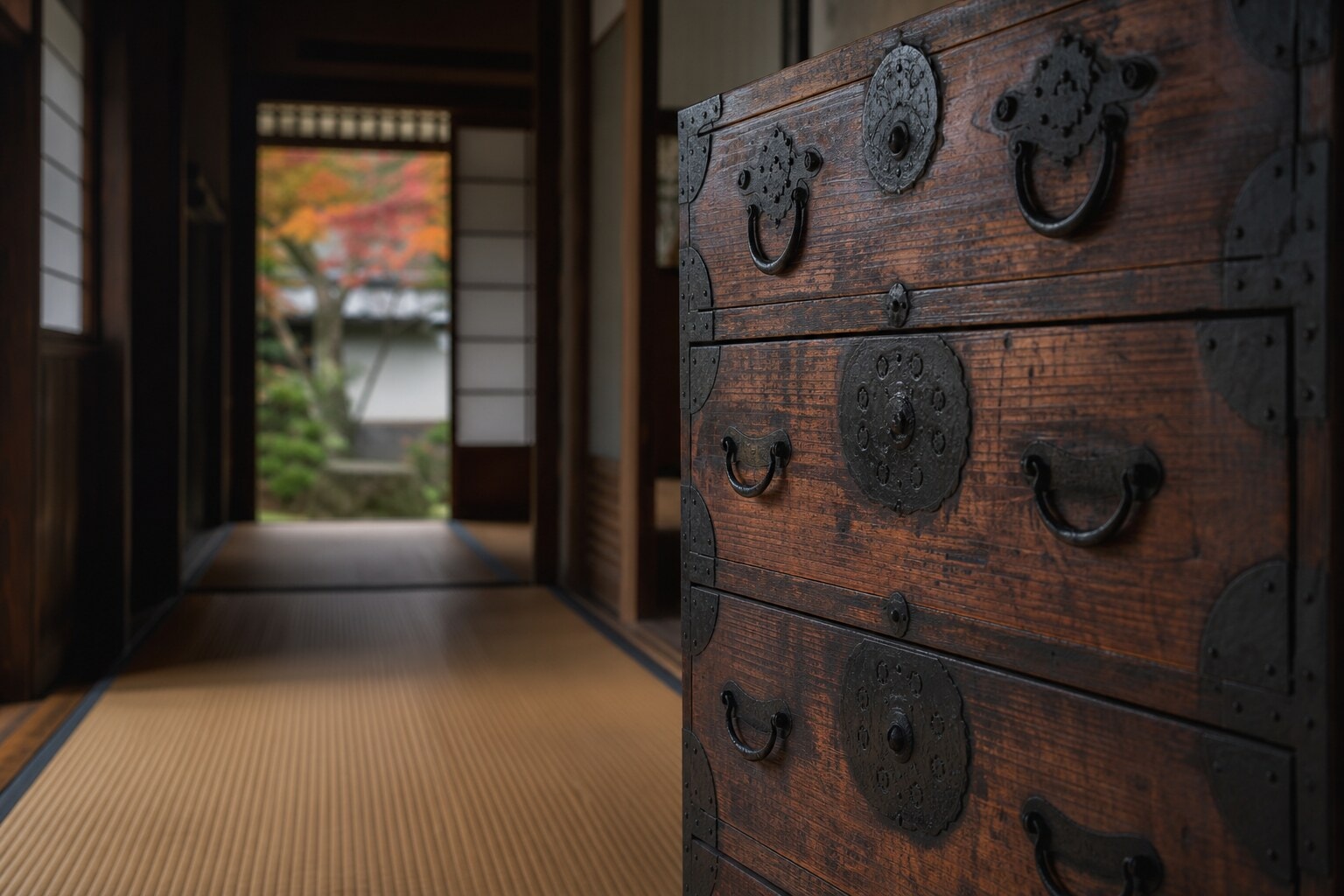 Traditional wooden tansu chest in an Edo-period Japanese ryokan