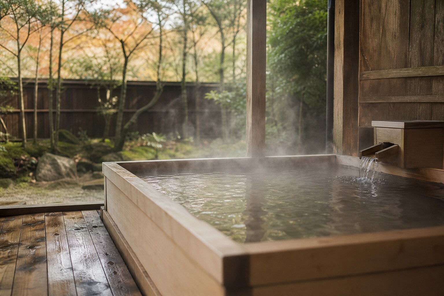 Steaming hot water in a traditional Japanese wooden hinoki bath