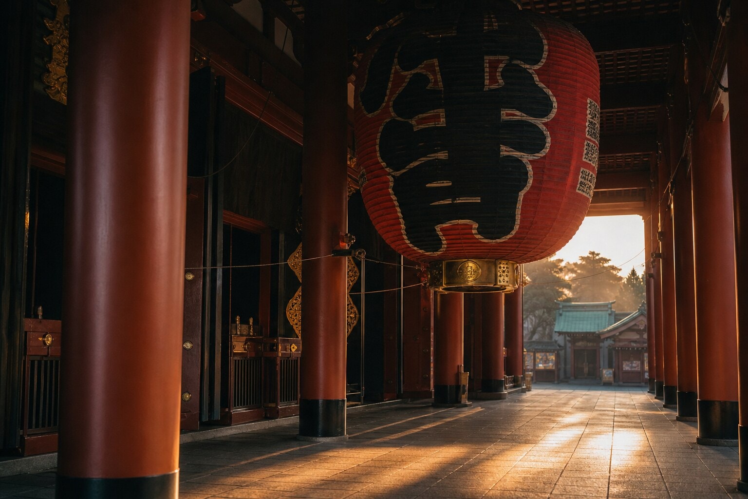 Quiet early morning view of Senso-ji temple's red lantern in Asakusa without crowds