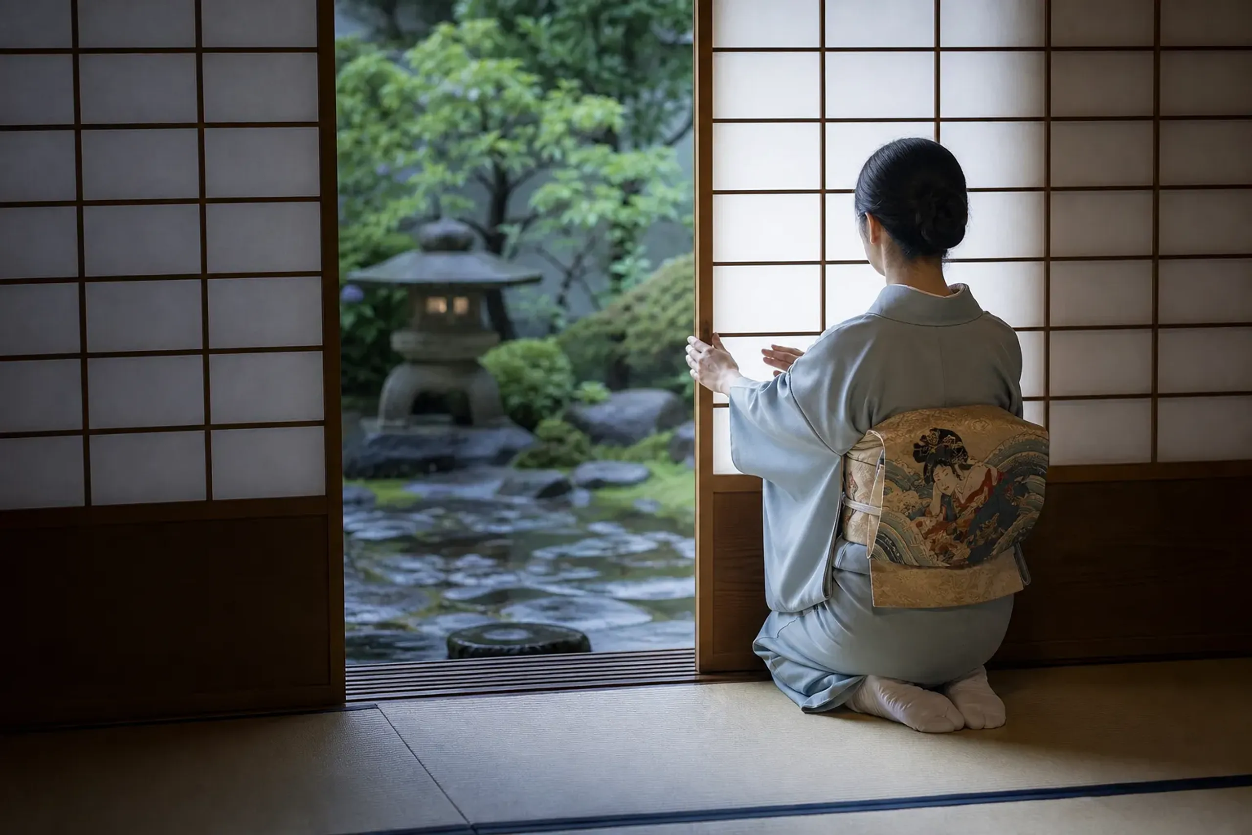 Japanese ryokan attendant kneeling on tatami opening a shoji screen