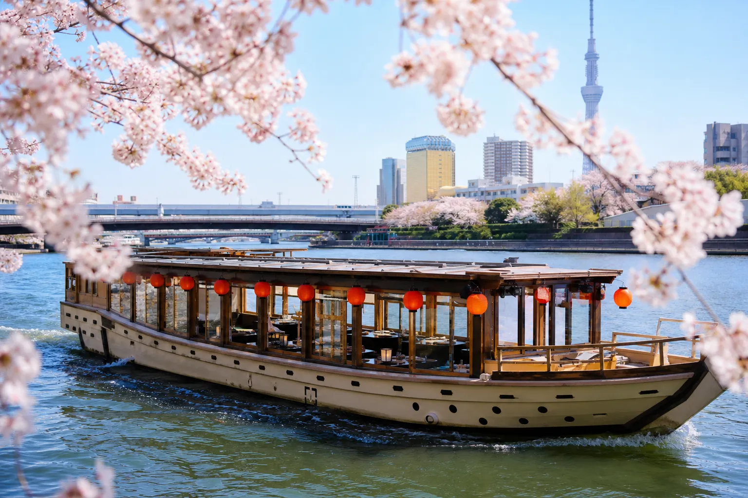 Lantern-lit yakatabune dining interior on the Sumida River before fireworks