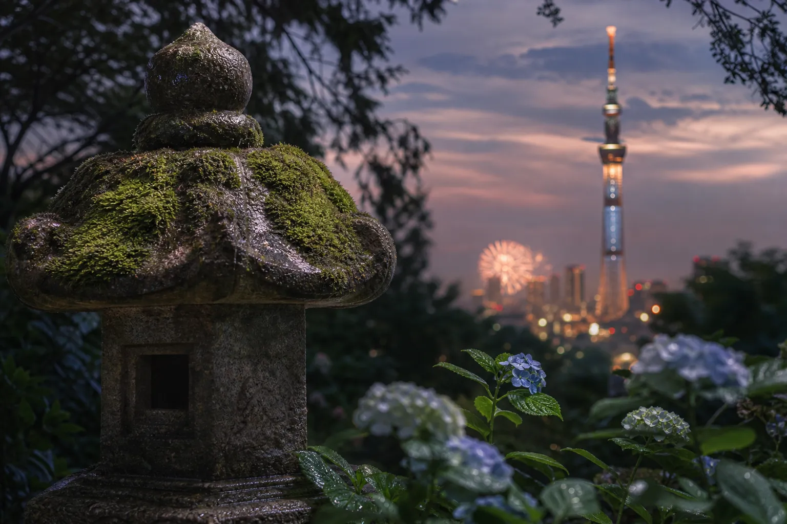 Tokyo Skytree at night with fireworks visible in the distance