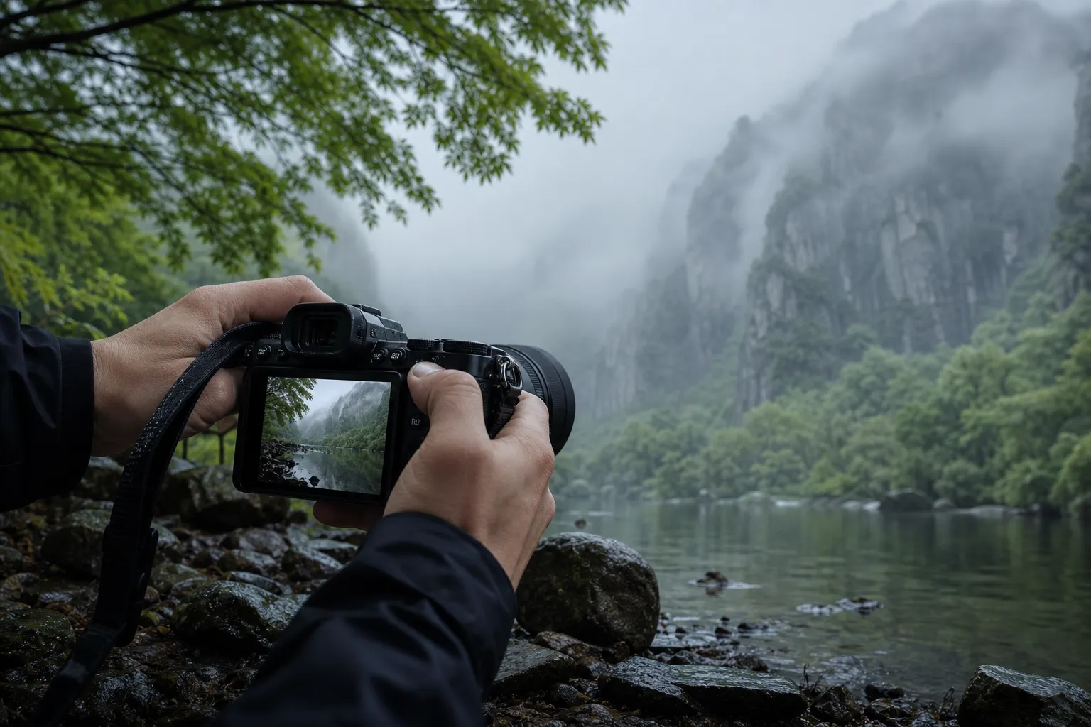 Photographer composing fireworks over a river with a handheld camera