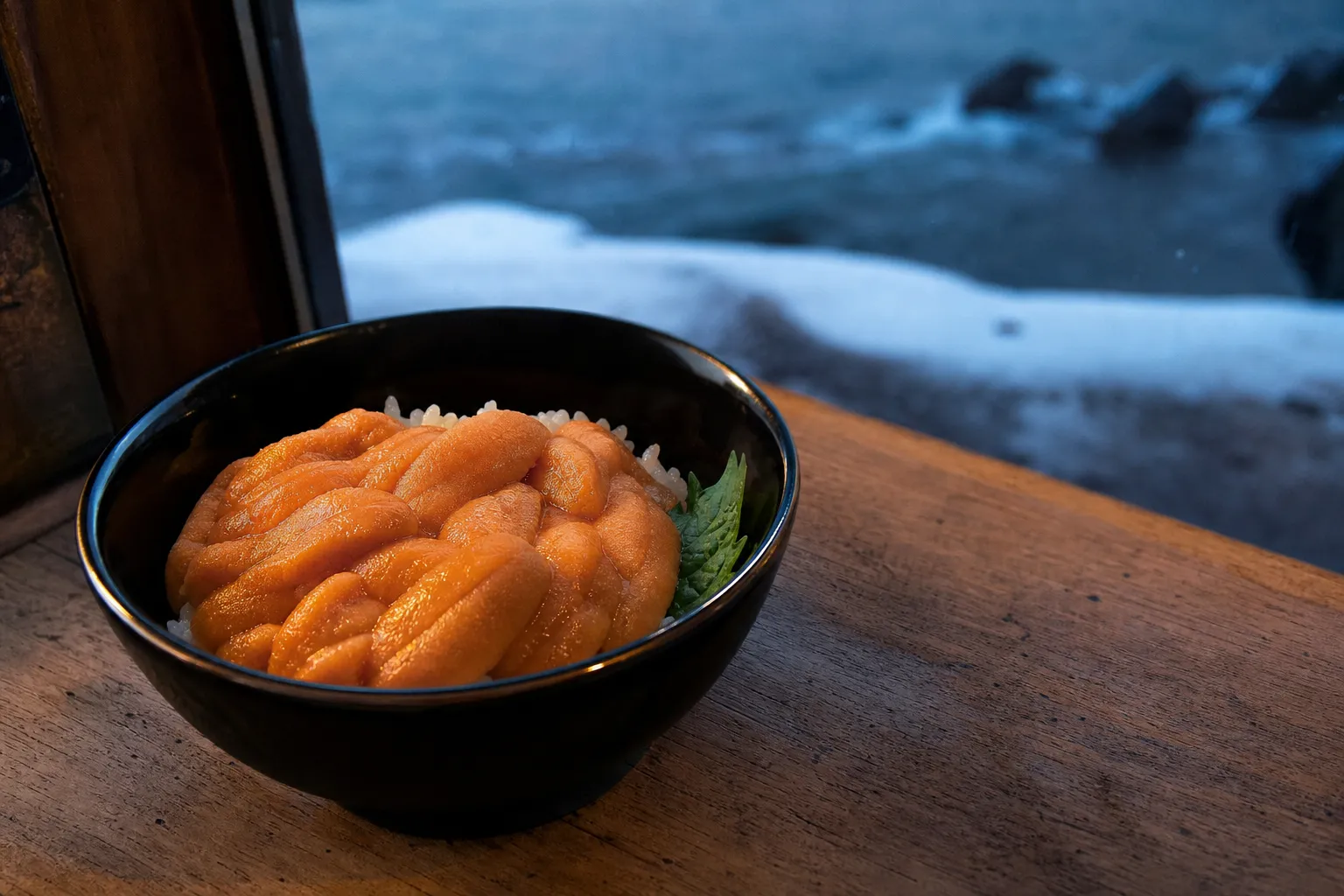 Fresh Hokkaido uni-don bowl of raw sea urchin over rice on a wooden counter