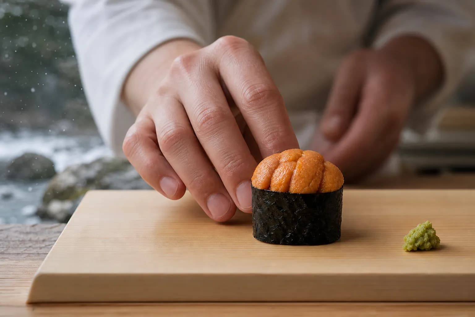 Sushi chef serving uni gunkan sushi at an intimate Japanese counter