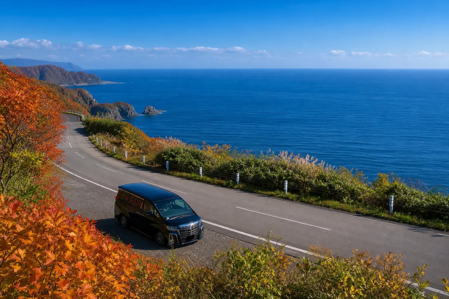 Luxury chauffeured vehicle on the scenic coastal road to the Shakotan Peninsula