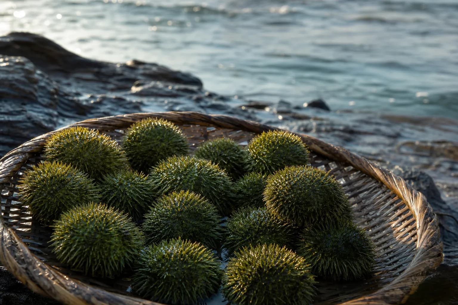 A close-up of freshly landed green sea urchins from Rebun Island's coastal waters, their spines glistening, resting in a fisherman's shallow harvest basket at the water's edge in the Sea of Japan regi