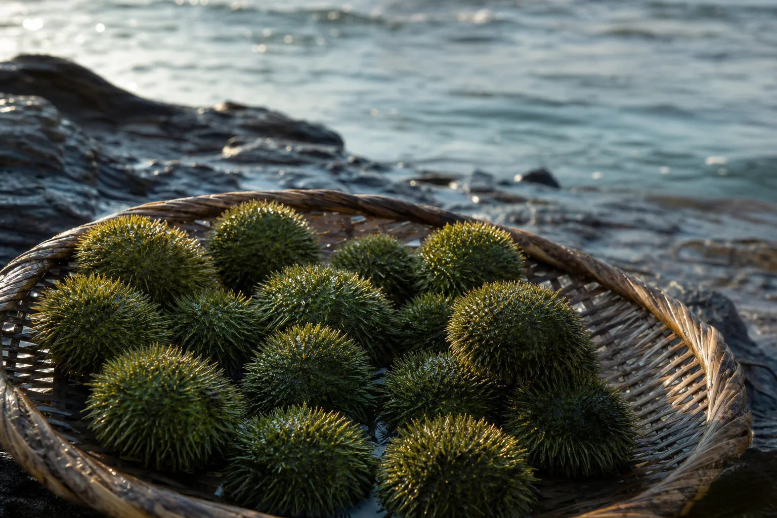 A close-up of freshly landed green sea urchins from Rebun Island's coastal waters, their spines glistening, resting in a fisherman's shallow harvest basket at the water's edge in the Sea of Japan regi