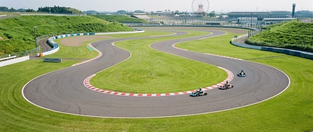 Go-kart track with three racers navigating a long, winding curve; green grassy banks and a distant Ferris wheel in the background.
