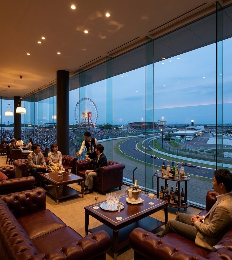 Luxurious lounge with burgundy leather sofas where guests toast with champagne, seen through glass walls over a race track and ferris wheel outside.