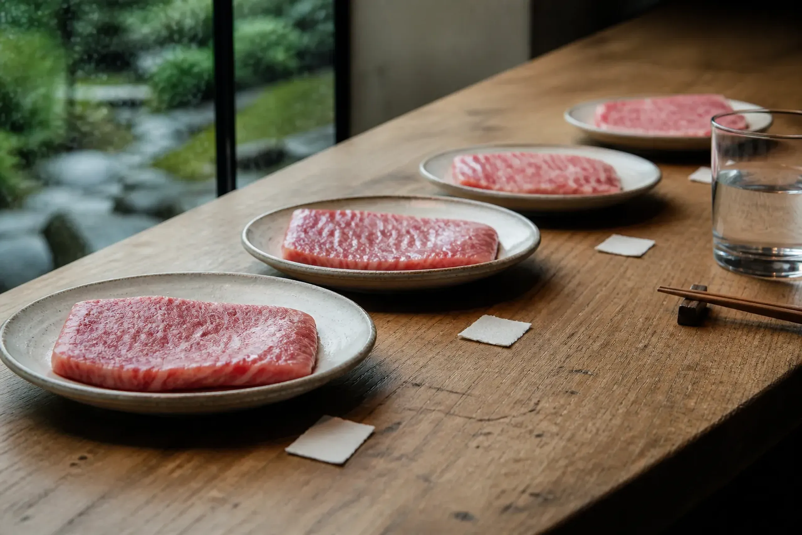 Small plated portions for a structured Tajima beef tasting on a wooden counter