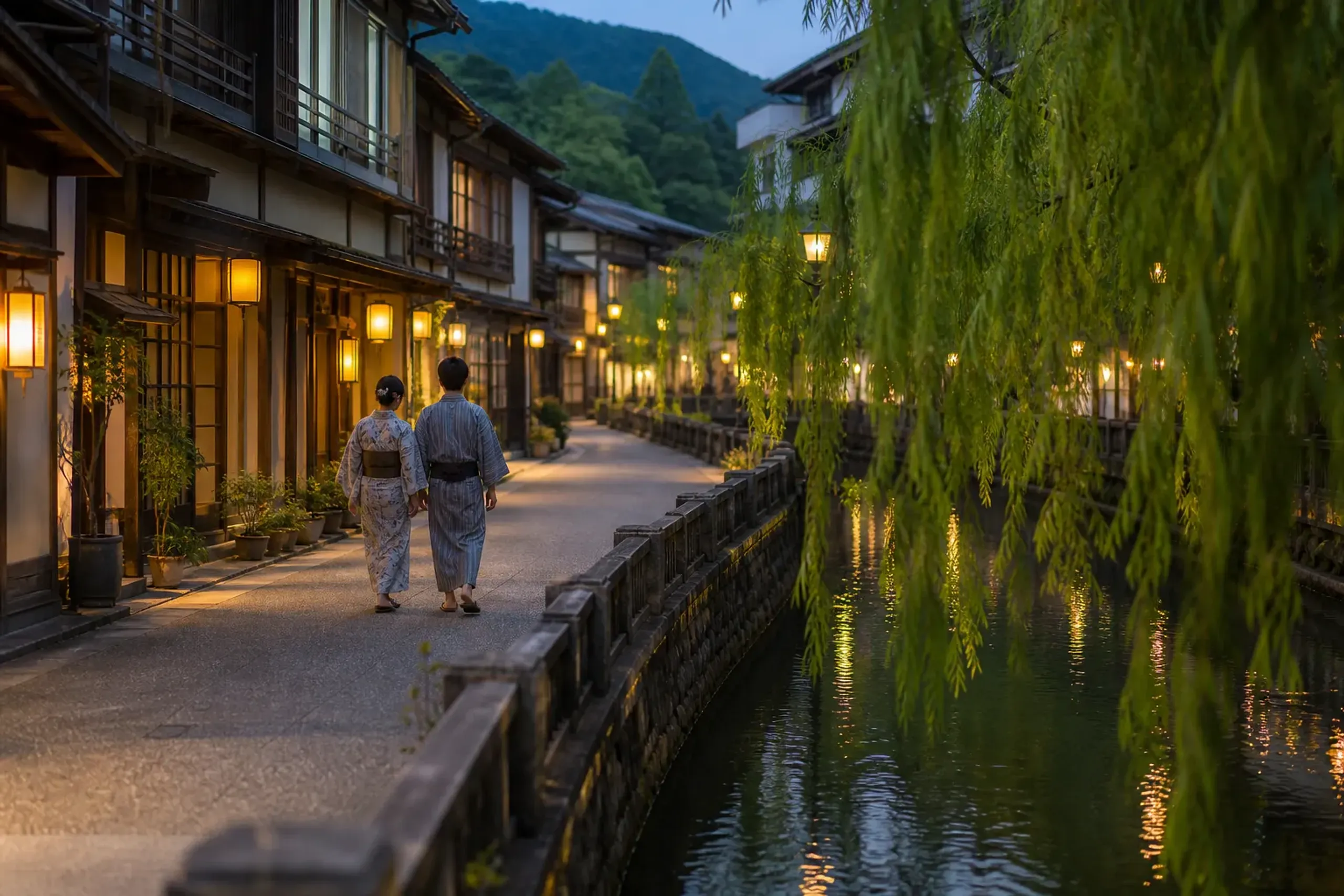 Lantern-lit street and canal in Kinosaki Onsen with guests in yukata