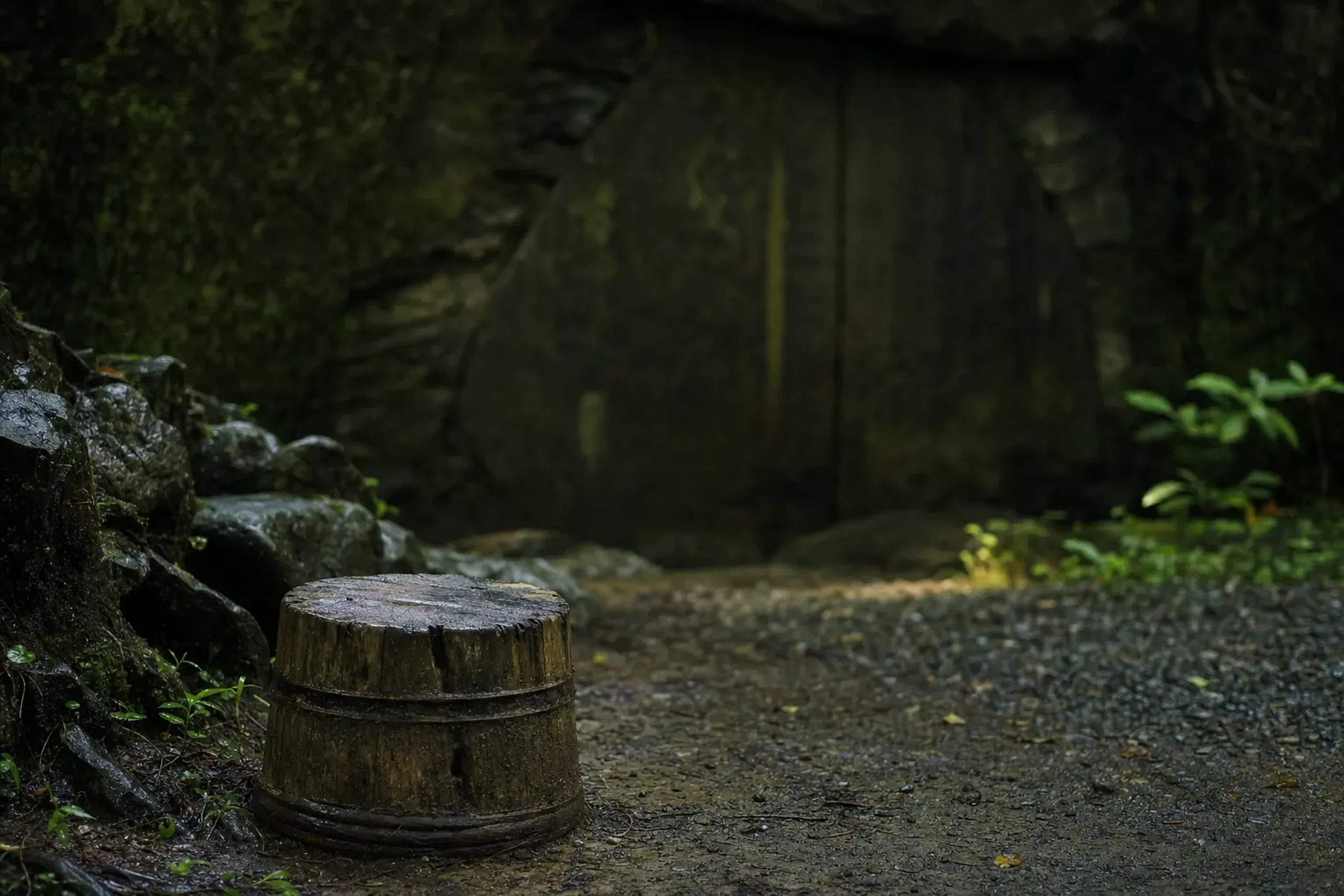 an overturned wooden tub before the sealed stone cave door at Amano Iwato, evoking Ame-no-Uzume's origin dance of kagura