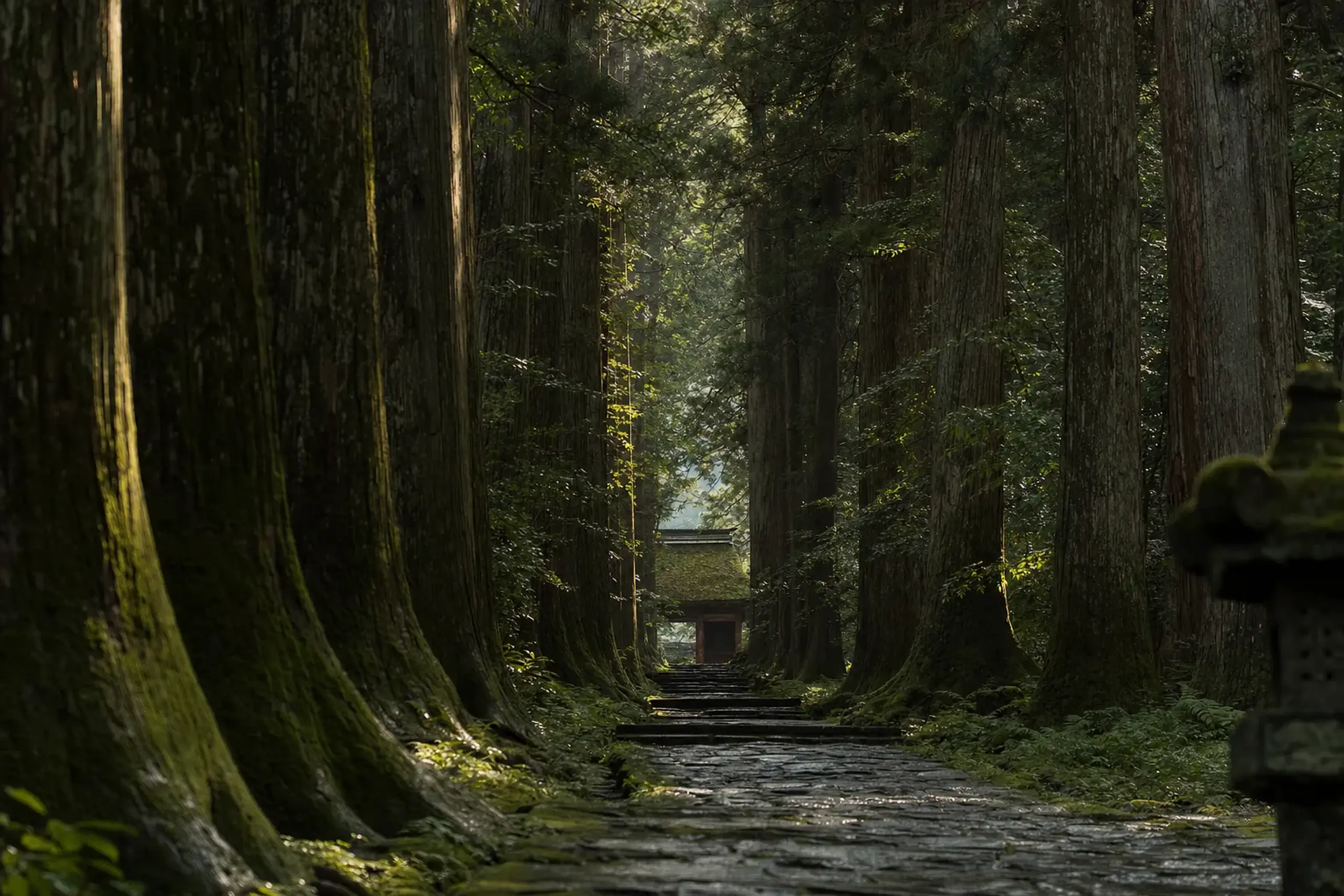 the cedar-lined approach and thatched shrine gate of Togakushi Shrine in the mountains of Nagano, home of the deity Ame-no-Tajikarao