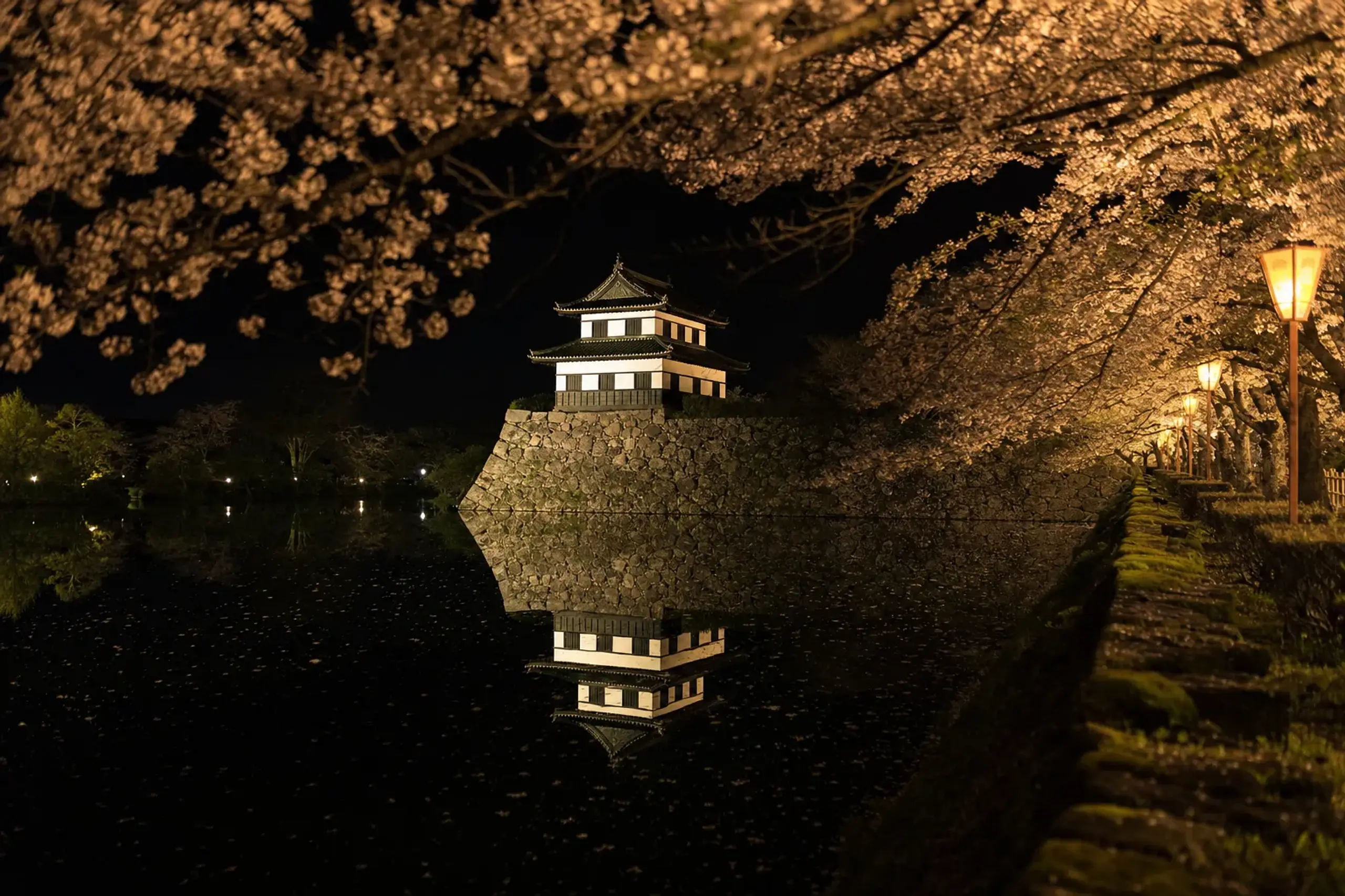 Illuminated three-story turret and cherry blossoms doubled in the still moat water at Takada Castle Site Park at night
