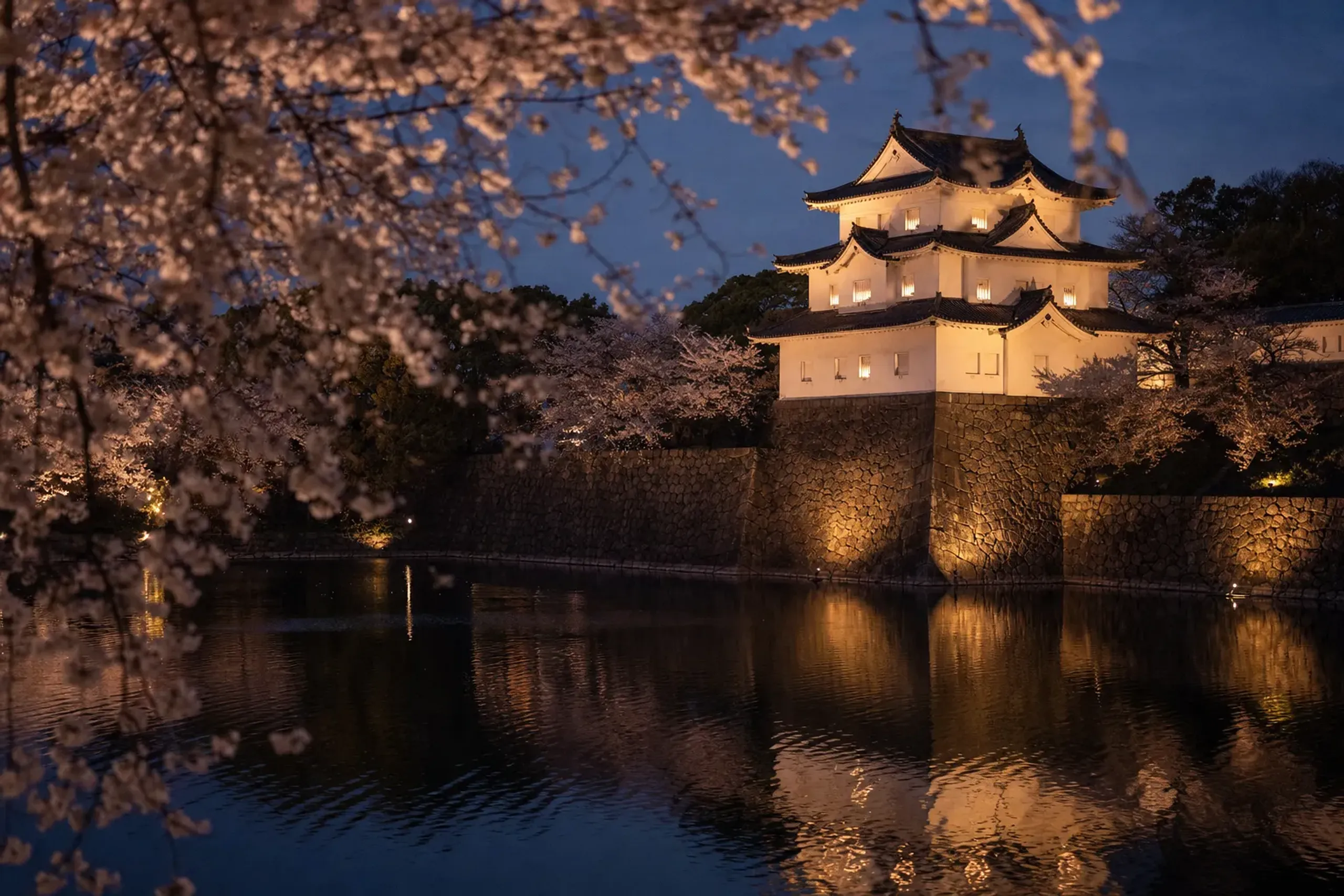 the three-story Sanjū Yagura turret at Takada Castle Site Park, lit from within and without, casting a broken column of colored reflection across the rippled moat surface at night