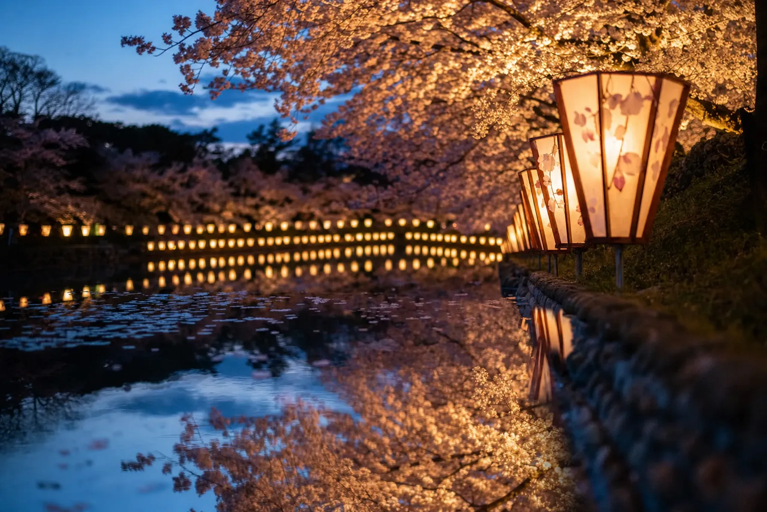 Three thousand glowing bonbori paper lanterns lining the moat's edge at Takada Castle Site Park at dusk in early April, their light doubled on the still water