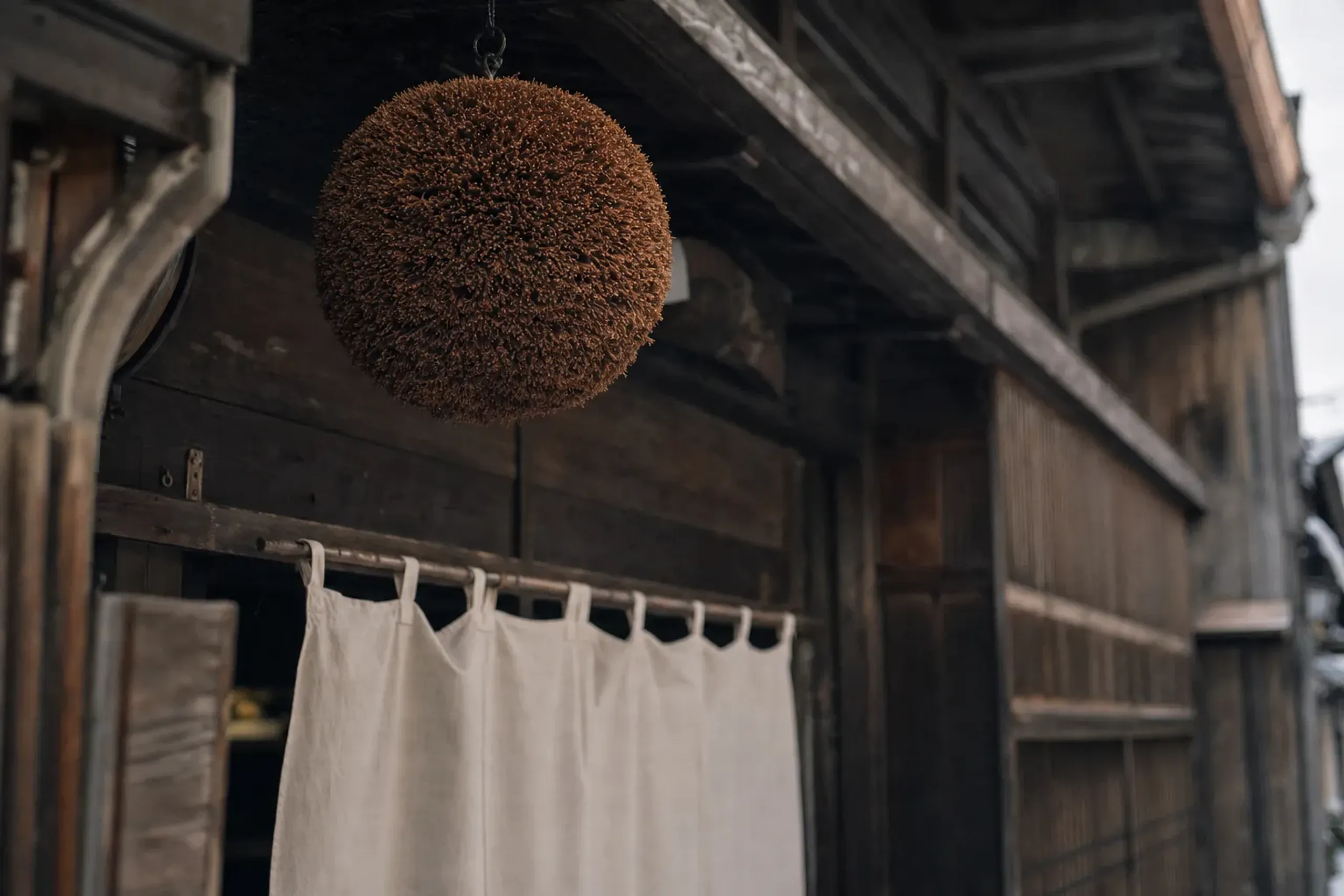 a browning sugidama cedar-branch ball hanging above the wooden entrance of a working sake brewery on Sanmachi Suji, Takayama