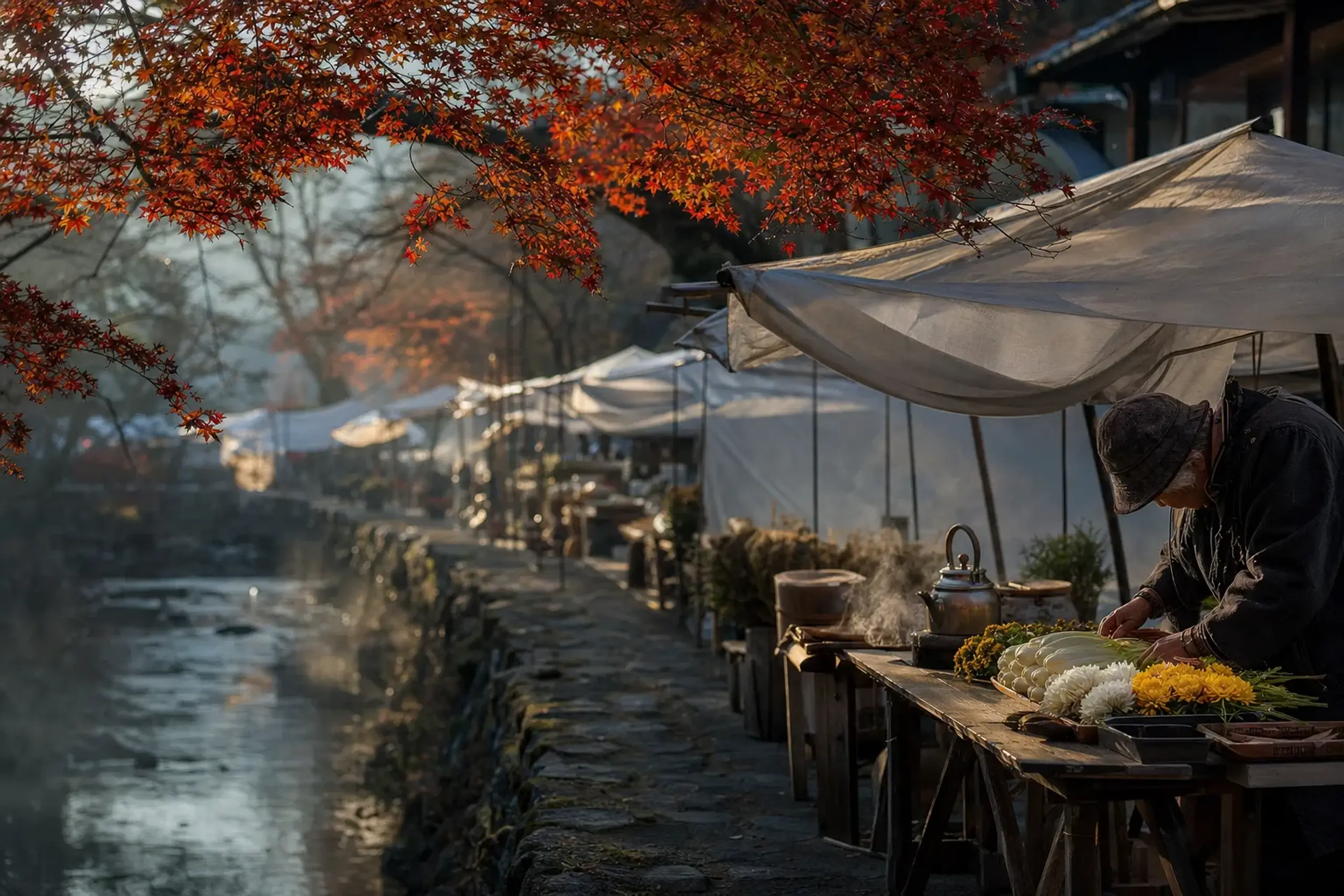 the riverside stalls of Miyagawa Asaichi morning market lining the stone embankment of the Miyagawa River in early morning light, Takayama
